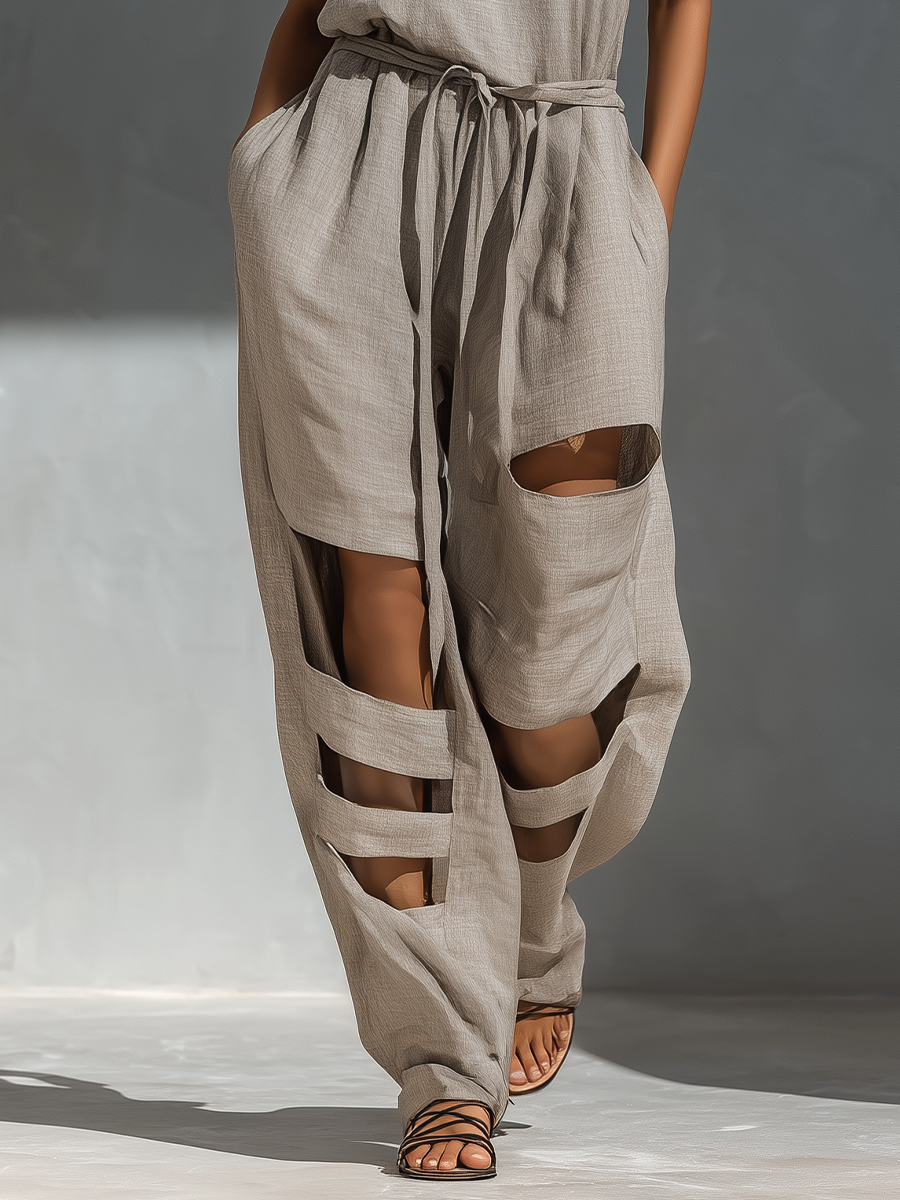 Women’s Gray Linen-Blend Halter Neck Belted Cut-Out Wide-Leg Jumpsuit