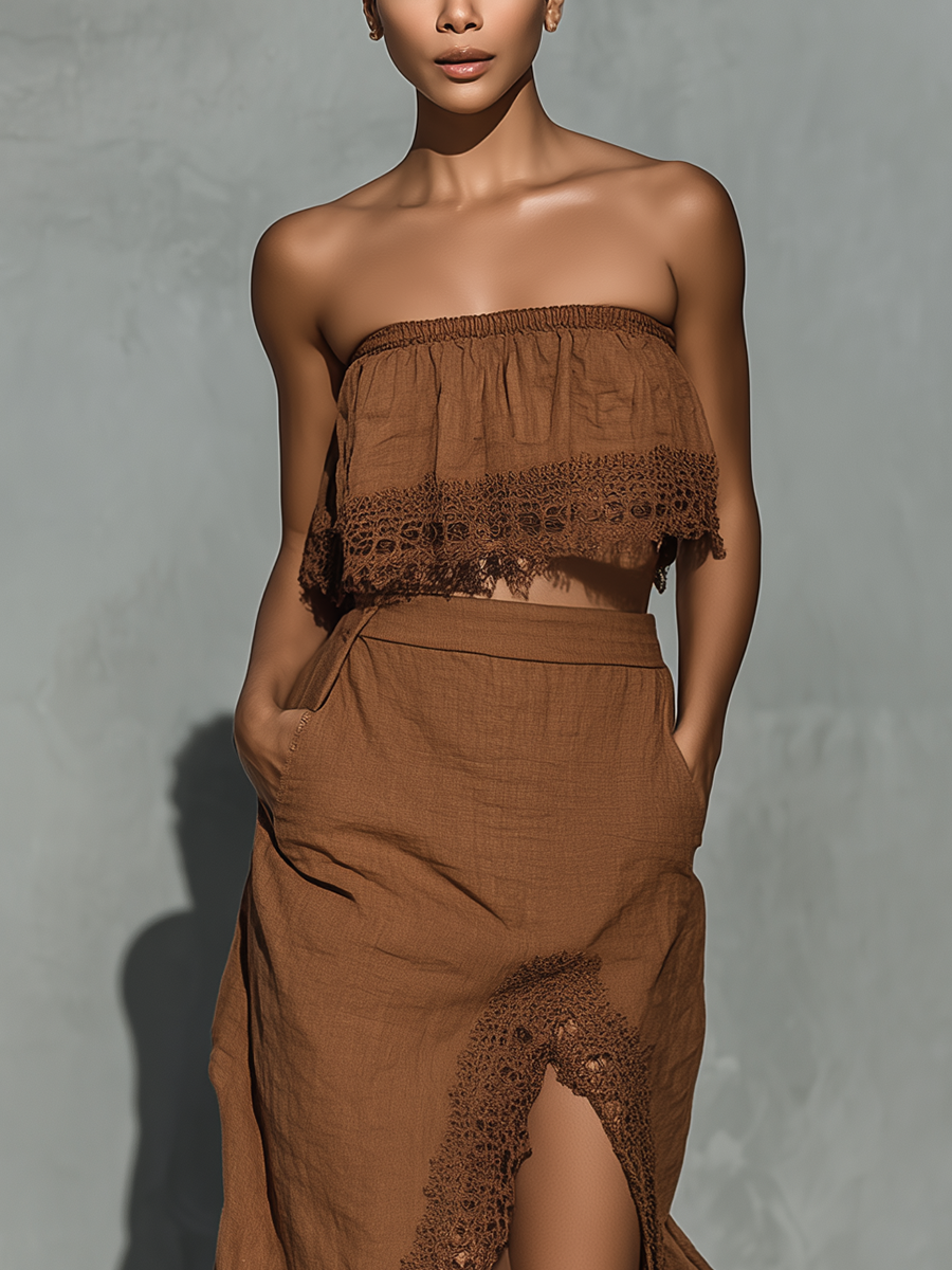 Women’s Chocolate Brown Linen-Blend Strapless Lace Trim Crop Top & High-Waisted Lace Trim Slit Maxi Skirt Two-Piece Set