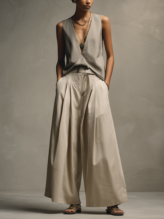 Women’s Taupe Gray Sleeveless Deep V-Neck Twist Front Top & Beige High-Waisted Belted Wide-Leg Pants Two-Piece Set