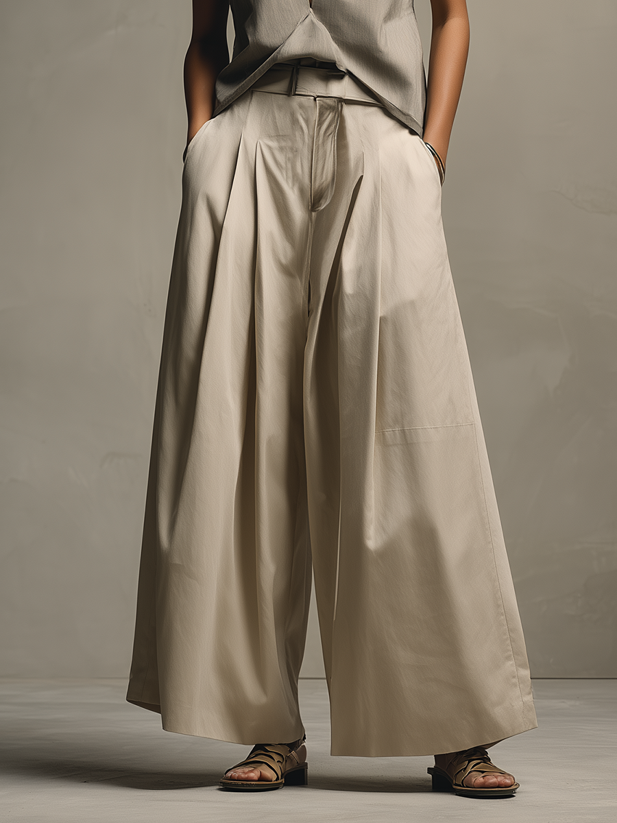 Women’s Taupe Gray Sleeveless Deep V-Neck Twist Front Top & Beige High-Waisted Belted Wide-Leg Pants Two-Piece Set