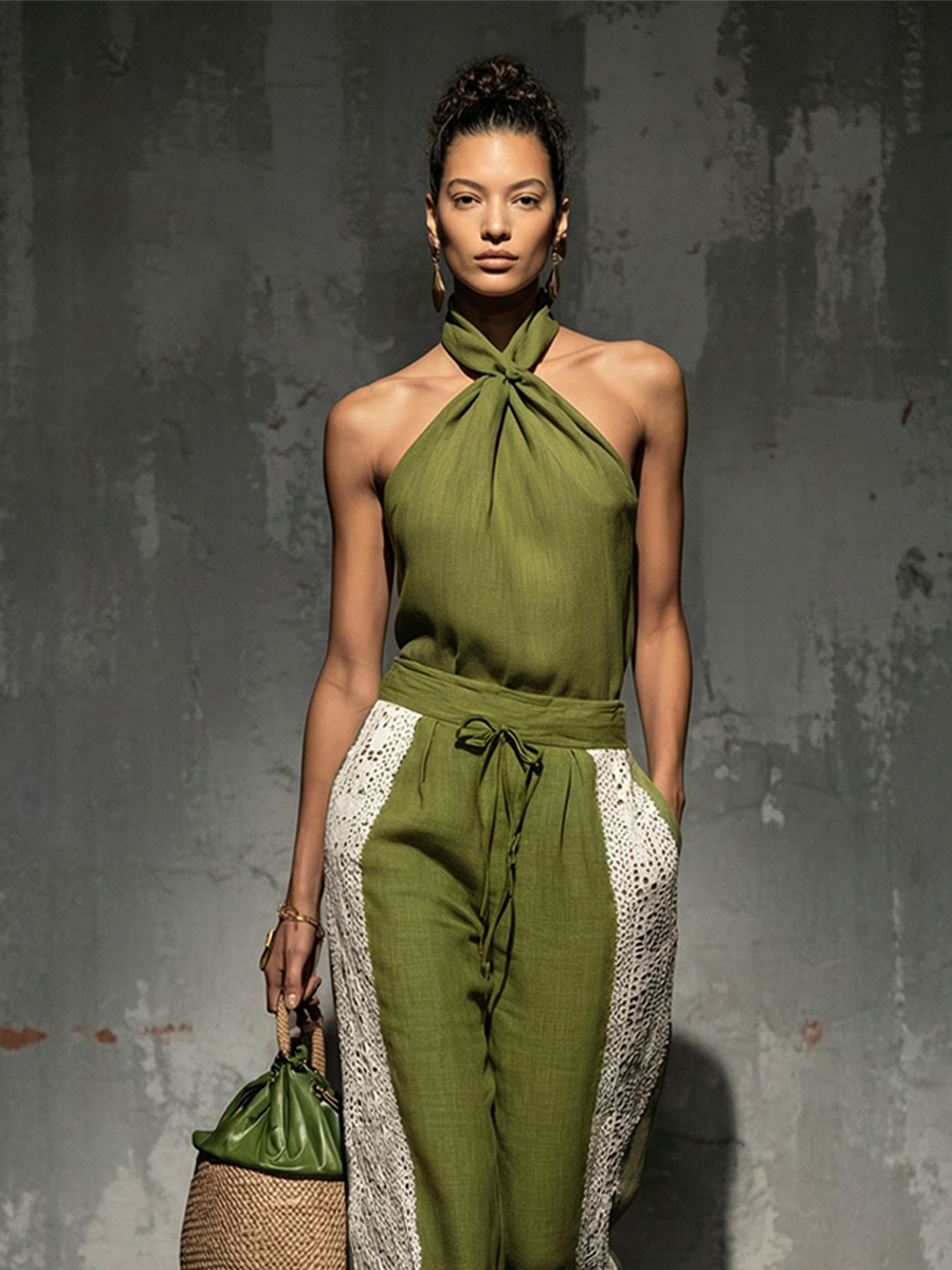 Women's Olive Green Linen Two-Piece Set With Halter Neck Twist Top & Lace Trim Wide-Leg Pants, Timeless Boho-Chic Style Set