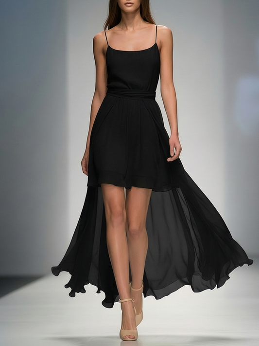 Women's Black Chiffon High-Low Midi Dress With Spaghetti Straps & Belted Waist, Timeless Elegant-Evening Style Dress