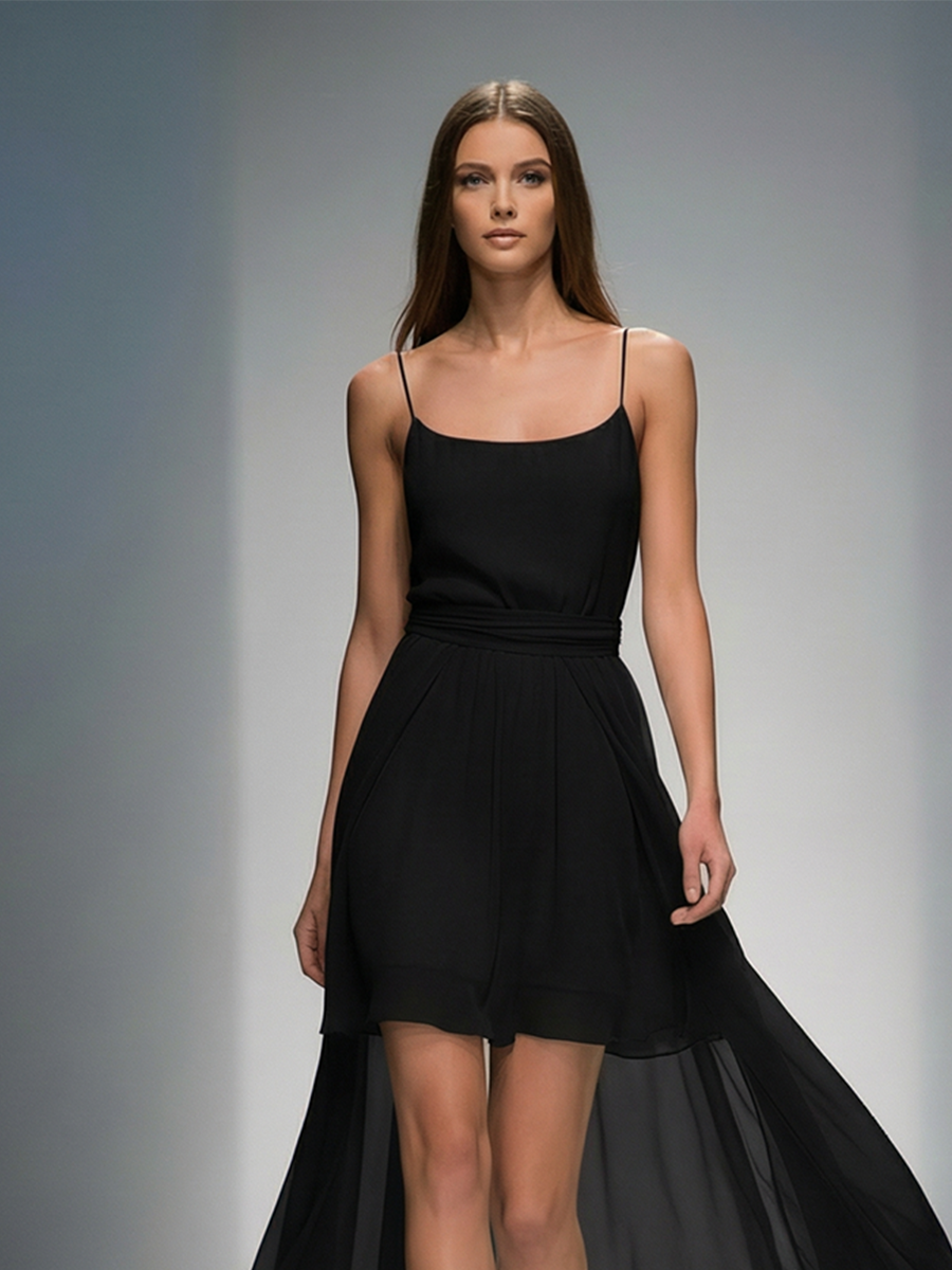 Women's Black Chiffon High-Low Midi Dress With Spaghetti Straps & Belted Waist, Timeless Elegant-Evening Style Dress