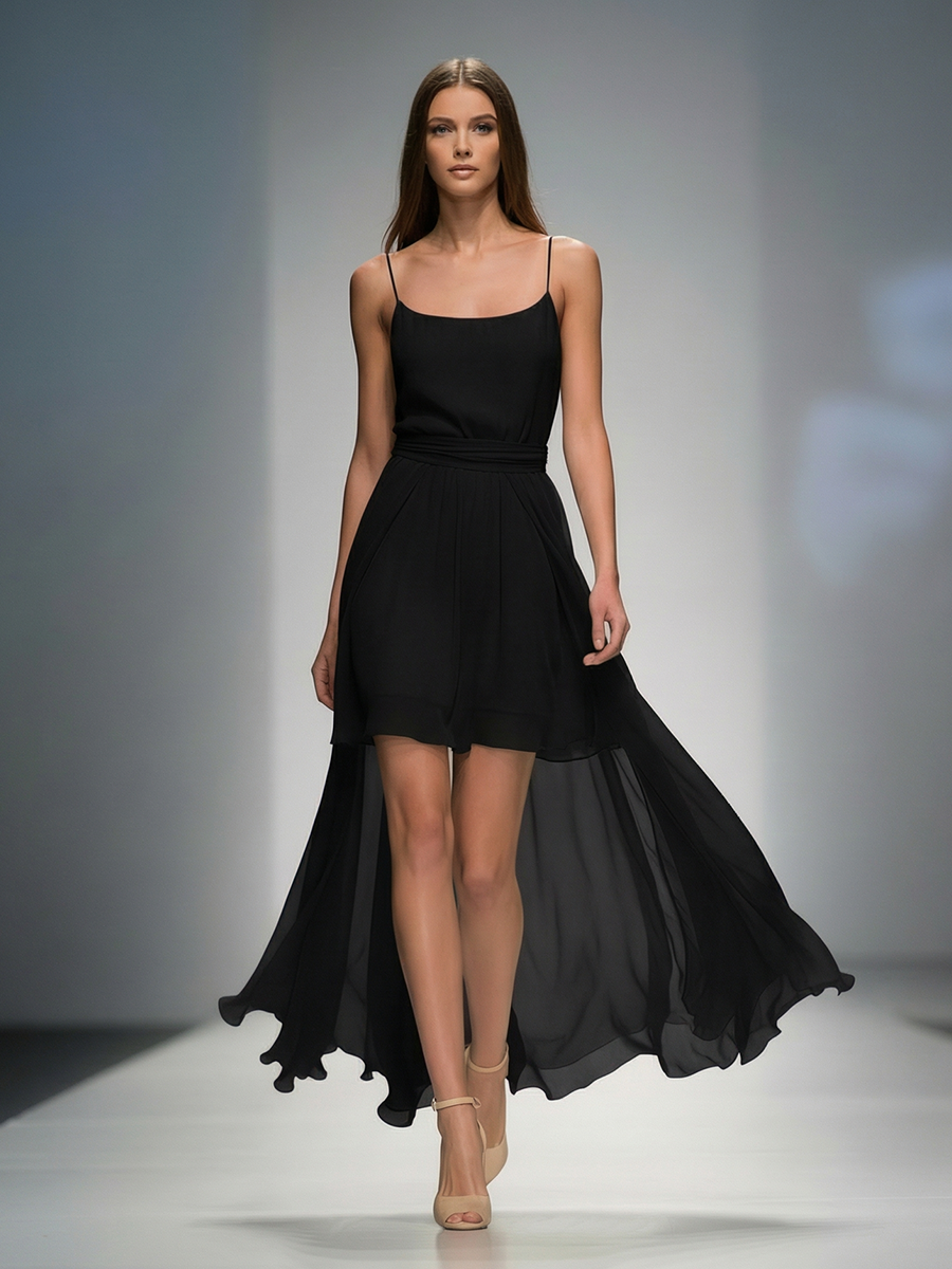 Women's Black Chiffon High-Low Midi Dress With Spaghetti Straps & Belted Waist, Timeless Elegant-Evening Style Dress