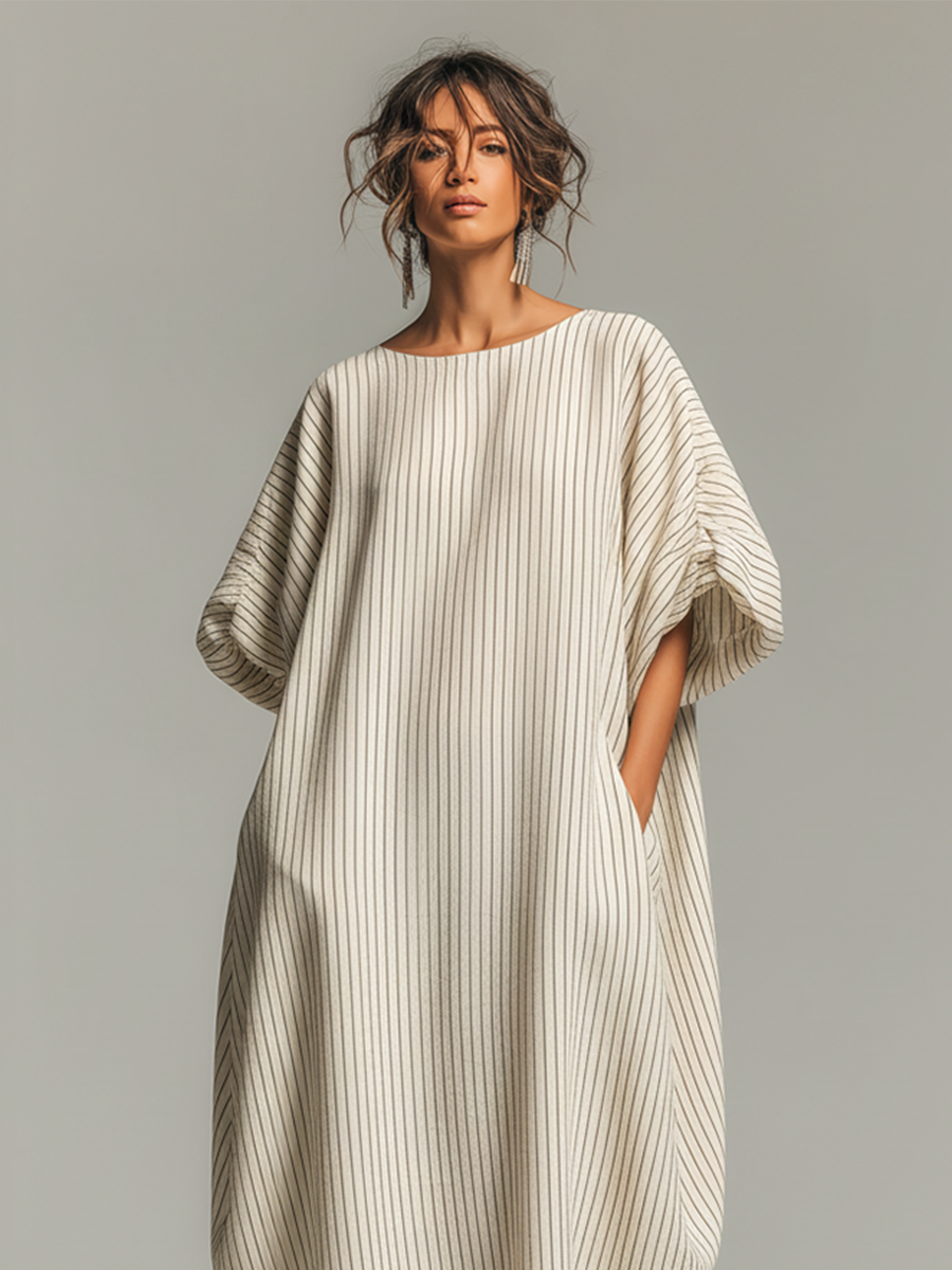 Women's Beige Striped Cotton-Blend Maxi Dress With Boat Neck &amp; Gathered Cuffs, Timeless Minimalist-Resort Style Dress