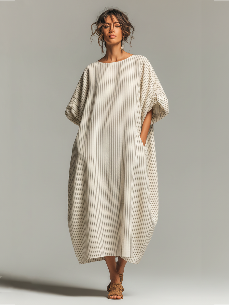 Women's Beige Striped Cotton-Blend Maxi Dress With Boat Neck &amp; Gathered Cuffs, Timeless Minimalist-Resort Style Dress