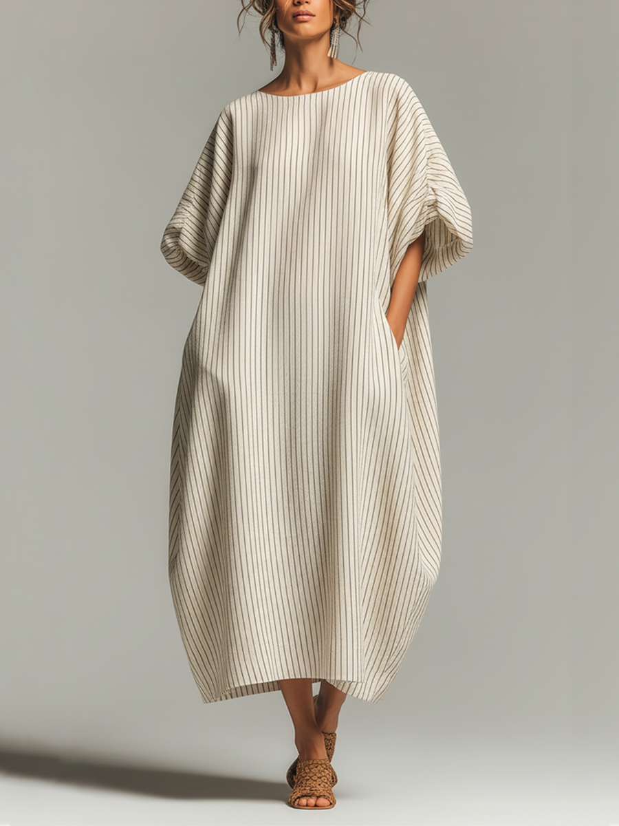 Women's Beige Striped Cotton-Blend Maxi Dress With Boat Neck &amp; Gathered Cuffs, Timeless Minimalist-Resort Style Dress