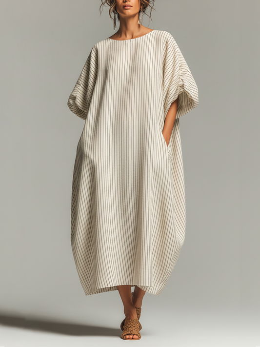 Women's Beige Striped Cotton-Blend Maxi Dress With Boat Neck &amp; Gathered Cuffs, Timeless Minimalist-Resort Style Dress