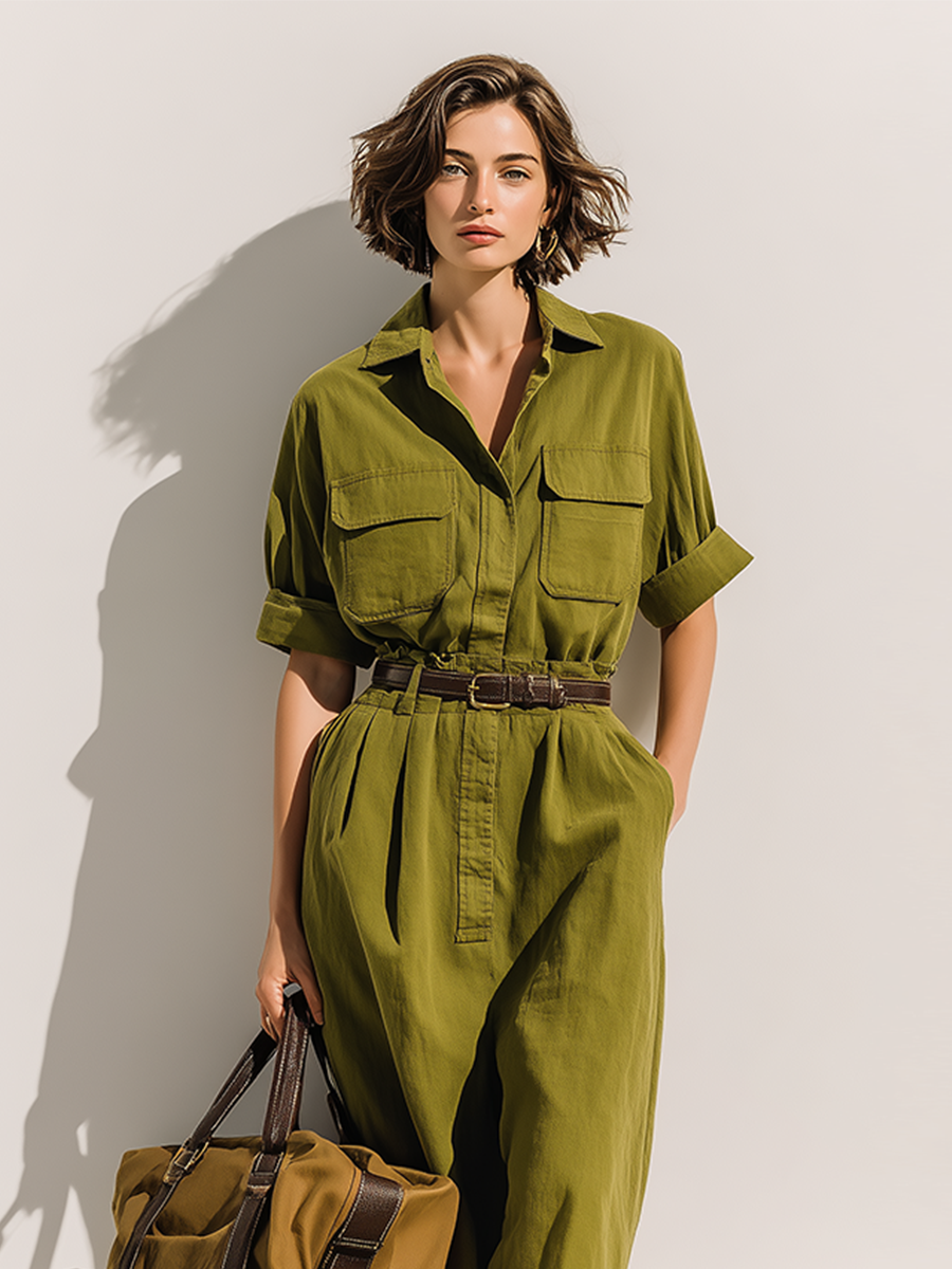 Women's Olive Green Textured Cotton Dress With Rolled Cuffs & Chest Pockets, Modern Casual-Resort Style Dress (without Belt)