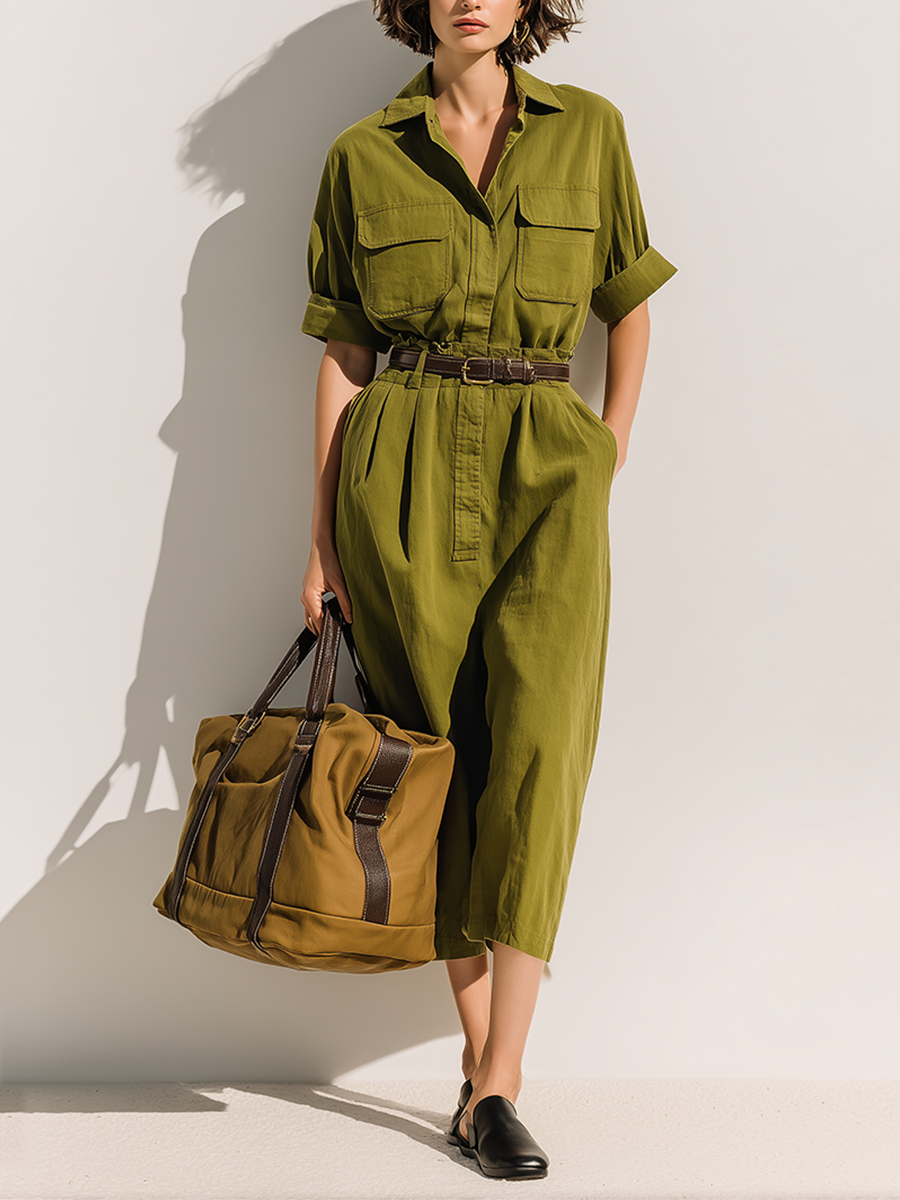 Women's Olive Green Textured Cotton Dress With Rolled Cuffs & Chest Pockets, Modern Casual-Resort Style Dress (without Belt)