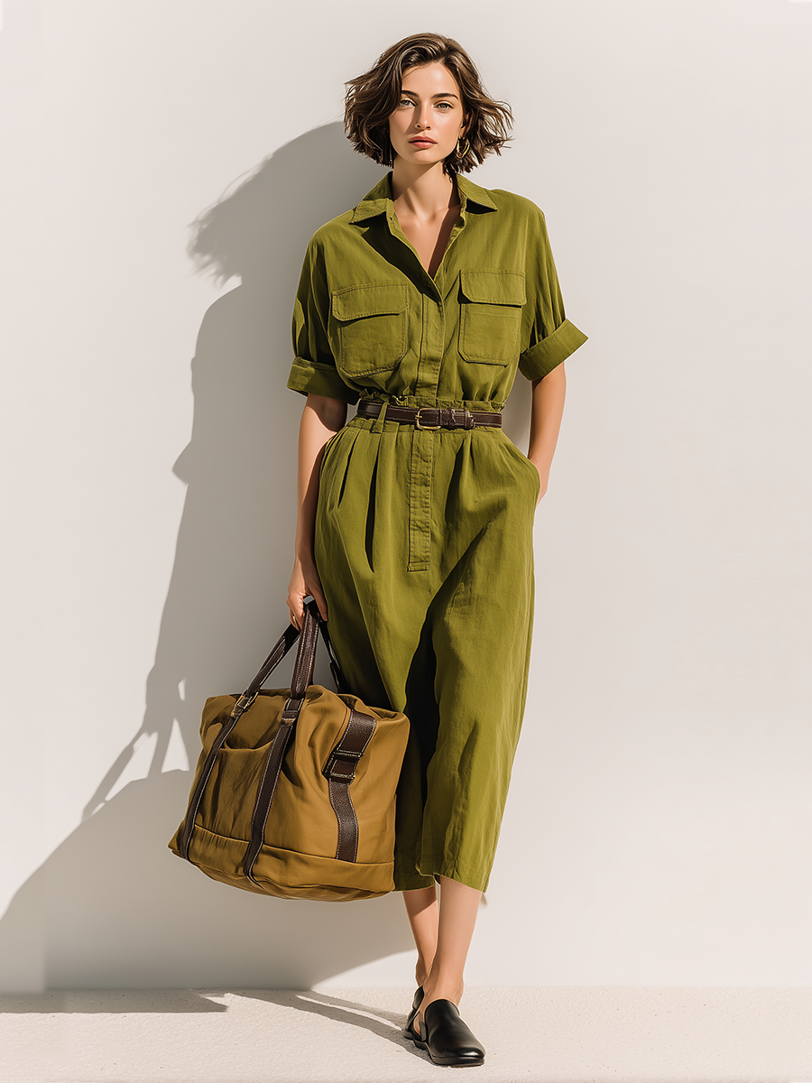 Women's Olive Green Textured Cotton Dress With Rolled Cuffs & Chest Pockets, Modern Casual-Resort Style Dress (without Belt)