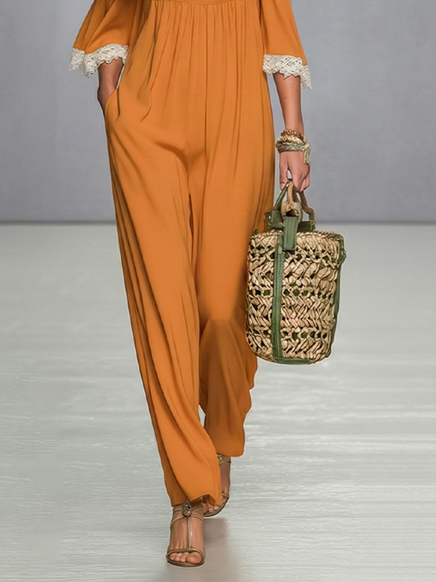 Women's Orange Chiffon Jumpsuit With Cold Shoulder & Smocked Bust Detail, Timeless Boho-Resort Style Jumpsuit