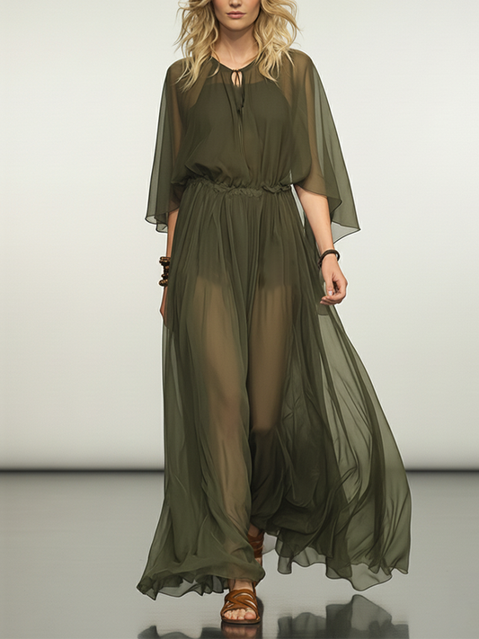 Women's Olive Green Chiffon 3-Piece Set With Sheer Maxi Cover-Up, Cami Top & High-Waisted Shorts, Timeless Boho-Resort Style Set
