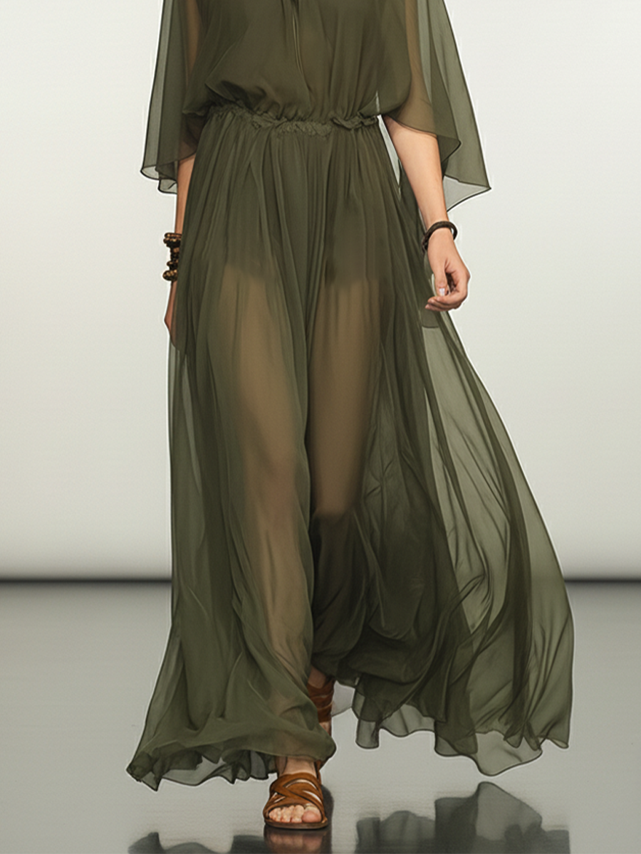 Women's Olive Green Chiffon 3-Piece Set With Sheer Maxi Cover-Up, Cami Top & High-Waisted Shorts, Timeless Boho-Resort Style Set