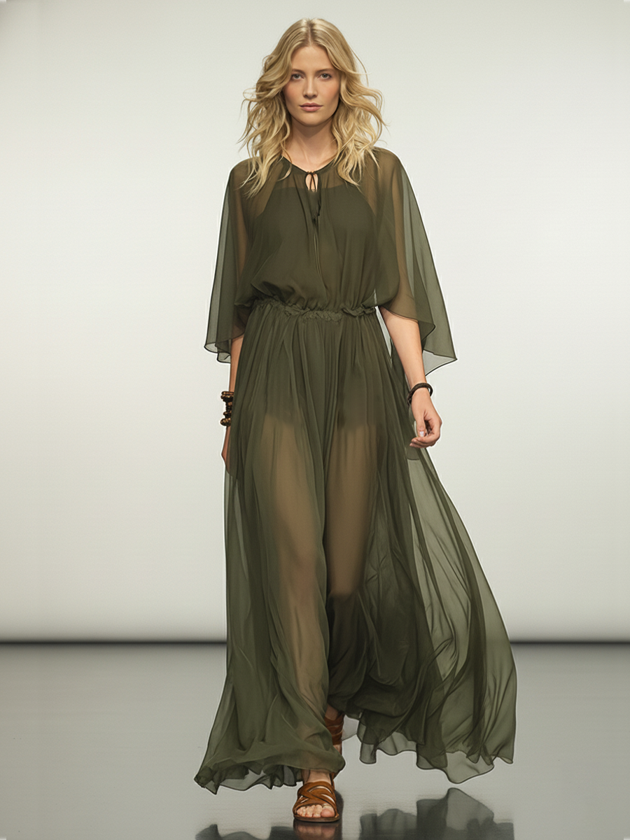 Women's Olive Green Chiffon 3-Piece Set With Sheer Maxi Cover-Up, Cami Top & High-Waisted Shorts, Timeless Boho-Resort Style Set