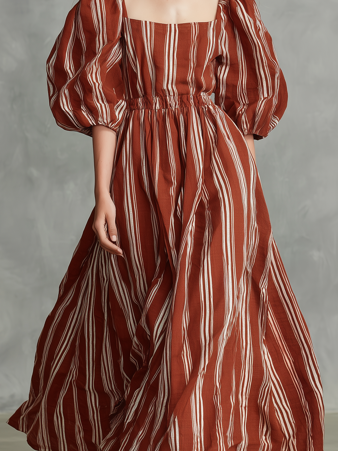 Women's Casual Red & White Vertical Stripe Woven Maxi Dress — Square Neck, Puff Sleeves