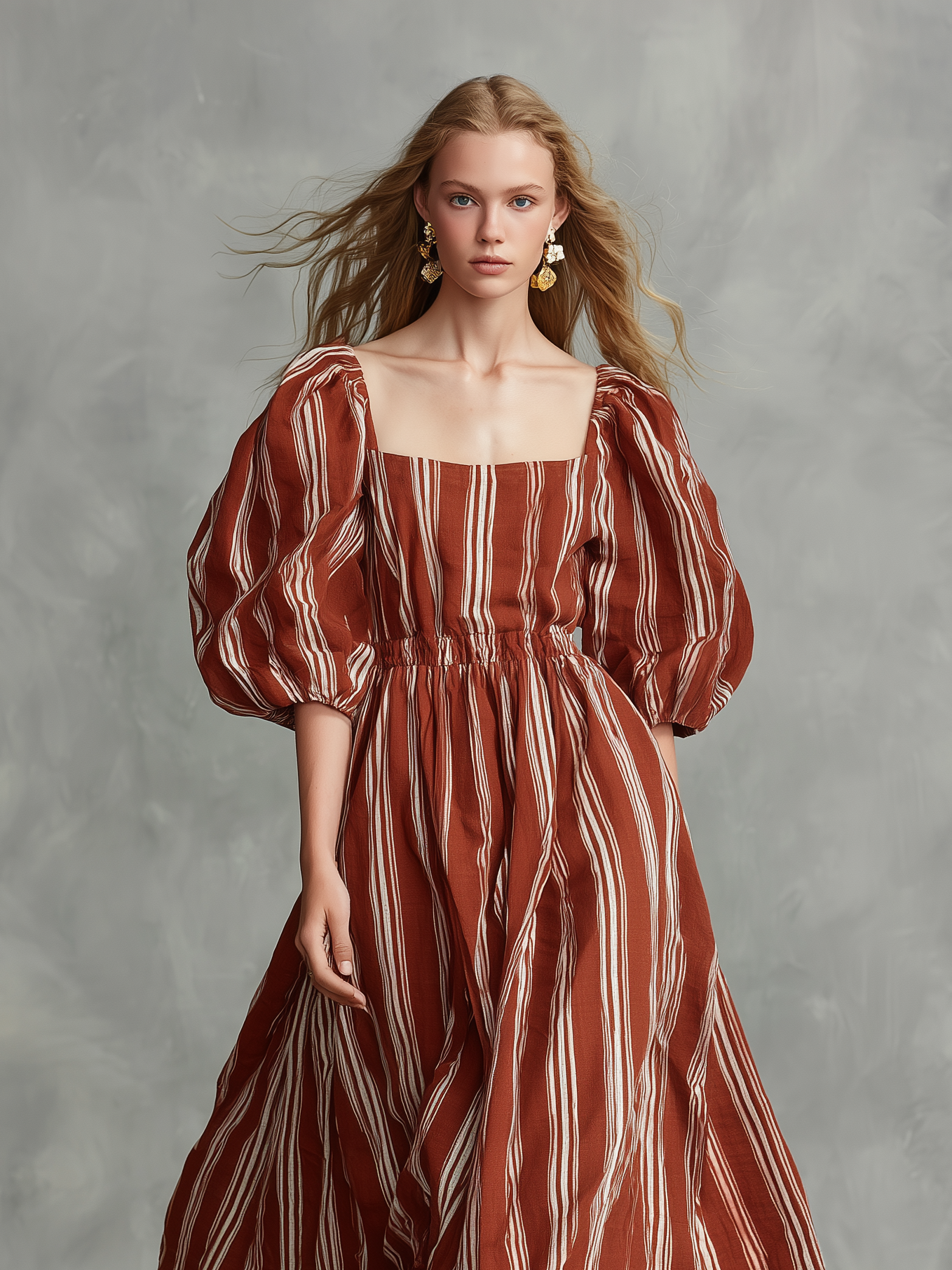 Women's Casual Red & White Vertical Stripe Woven Maxi Dress — Square Neck, Puff Sleeves