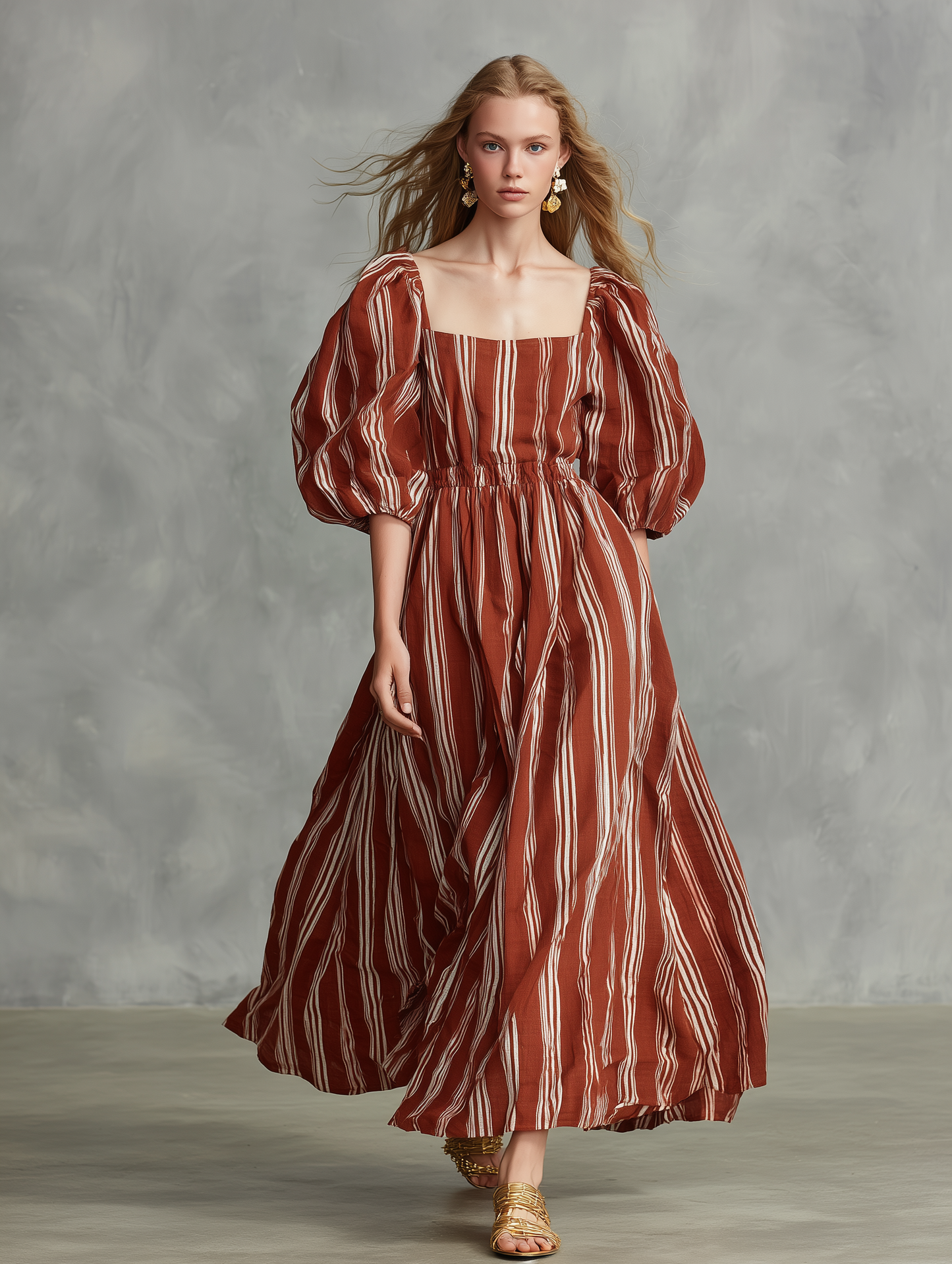 Women's Casual Red & White Vertical Stripe Woven Maxi Dress — Square Neck, Puff Sleeves