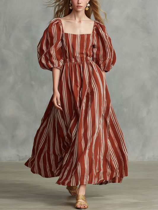 Women's Casual Red & White Vertical Stripe Woven Maxi Dress — Square Neck, Puff Sleeves