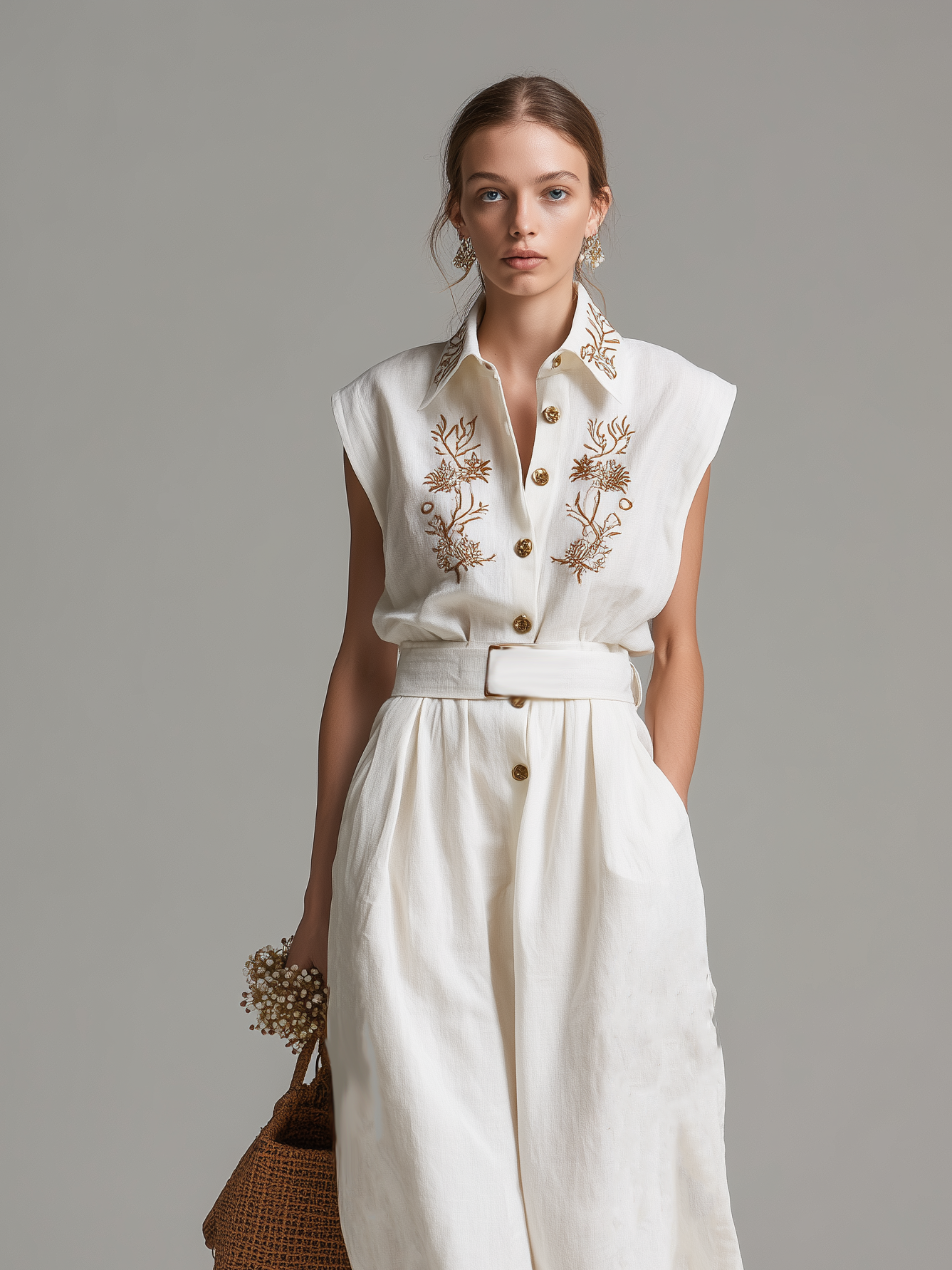 Women's Casual White Cotton-Linen Sleeveless Jumpsuit With Embroidered Shirt Collar