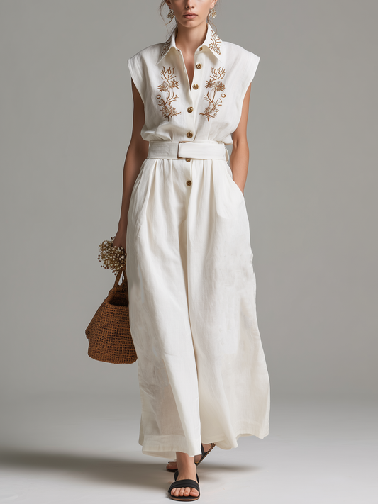Women's Casual White Cotton-Linen Sleeveless Jumpsuit With Embroidered Shirt Collar