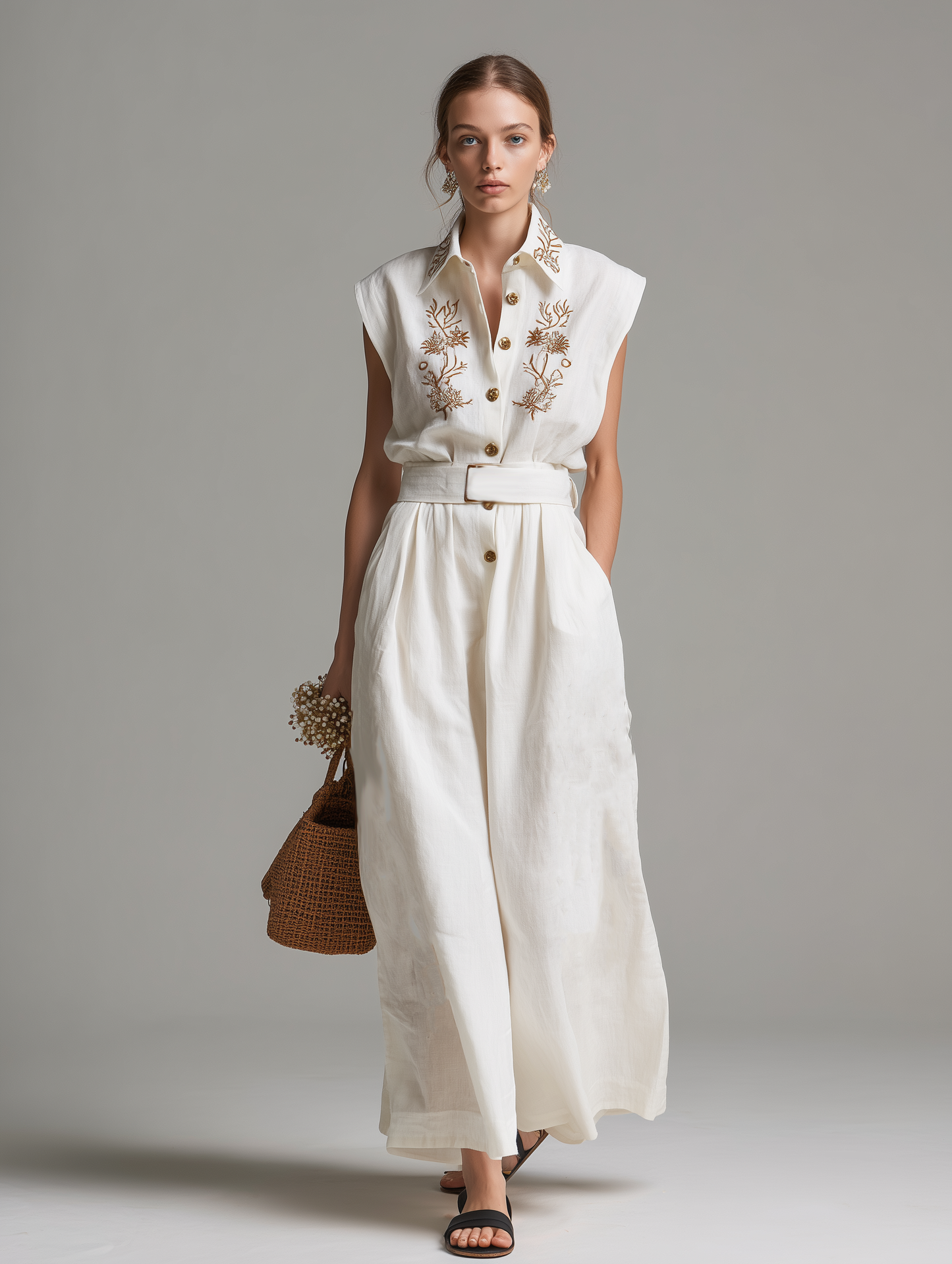 Women's Casual White Cotton-Linen Sleeveless Jumpsuit With Embroidered Shirt Collar