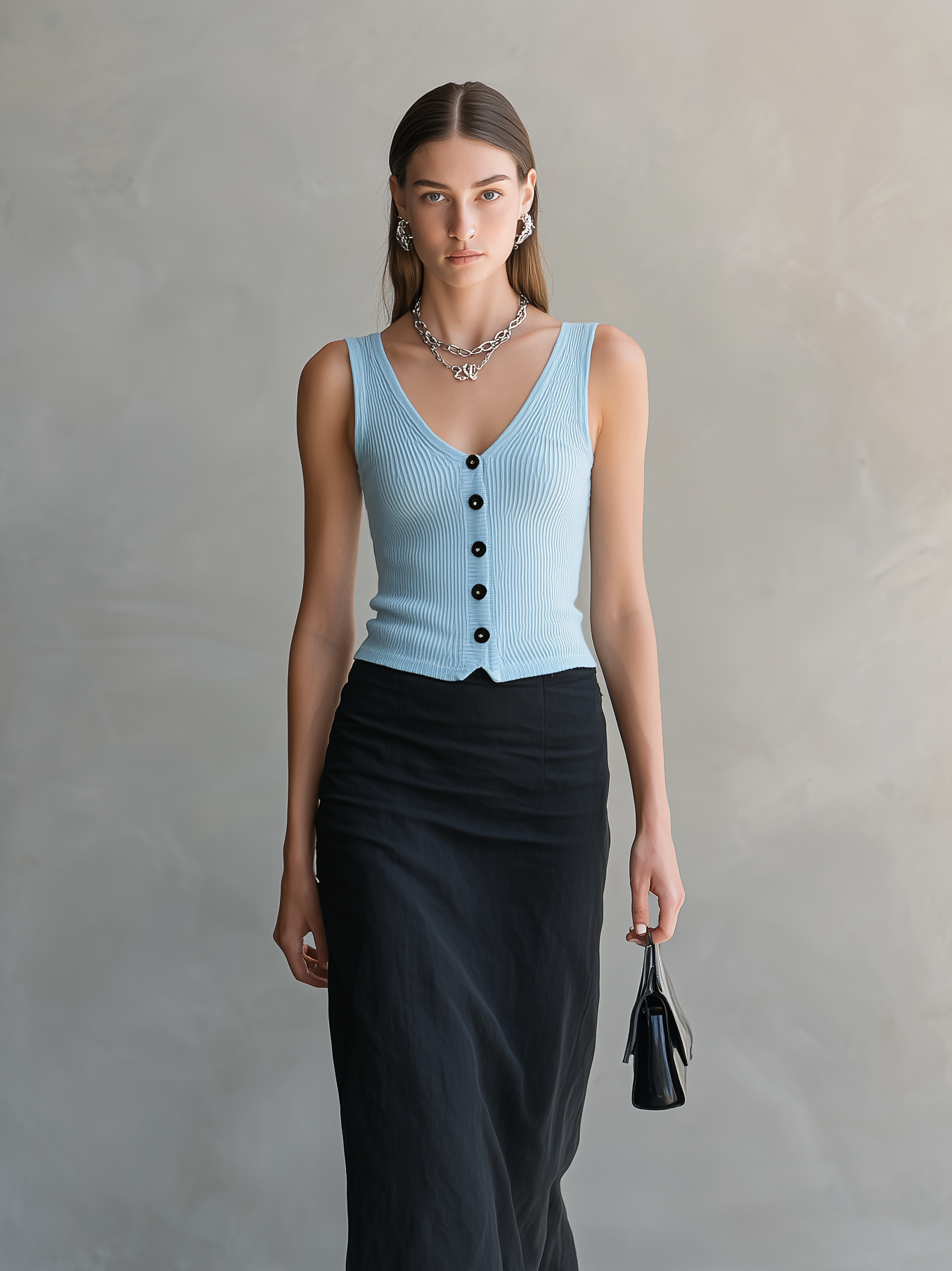 Women's Casual Light Blue Lightweight Knit Vest And Black Woven Skirt Set