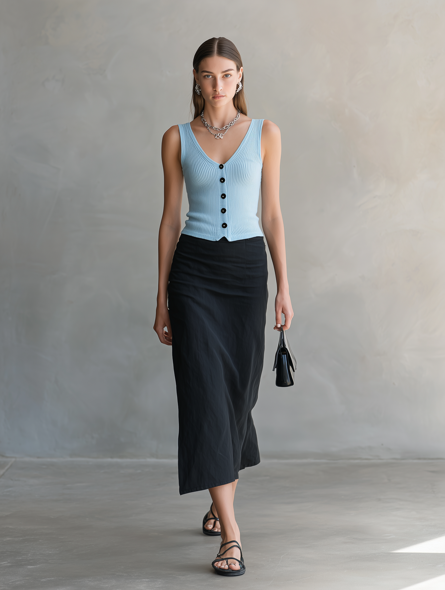 Women's Casual Light Blue Lightweight Knit Vest And Black Woven Skirt Set