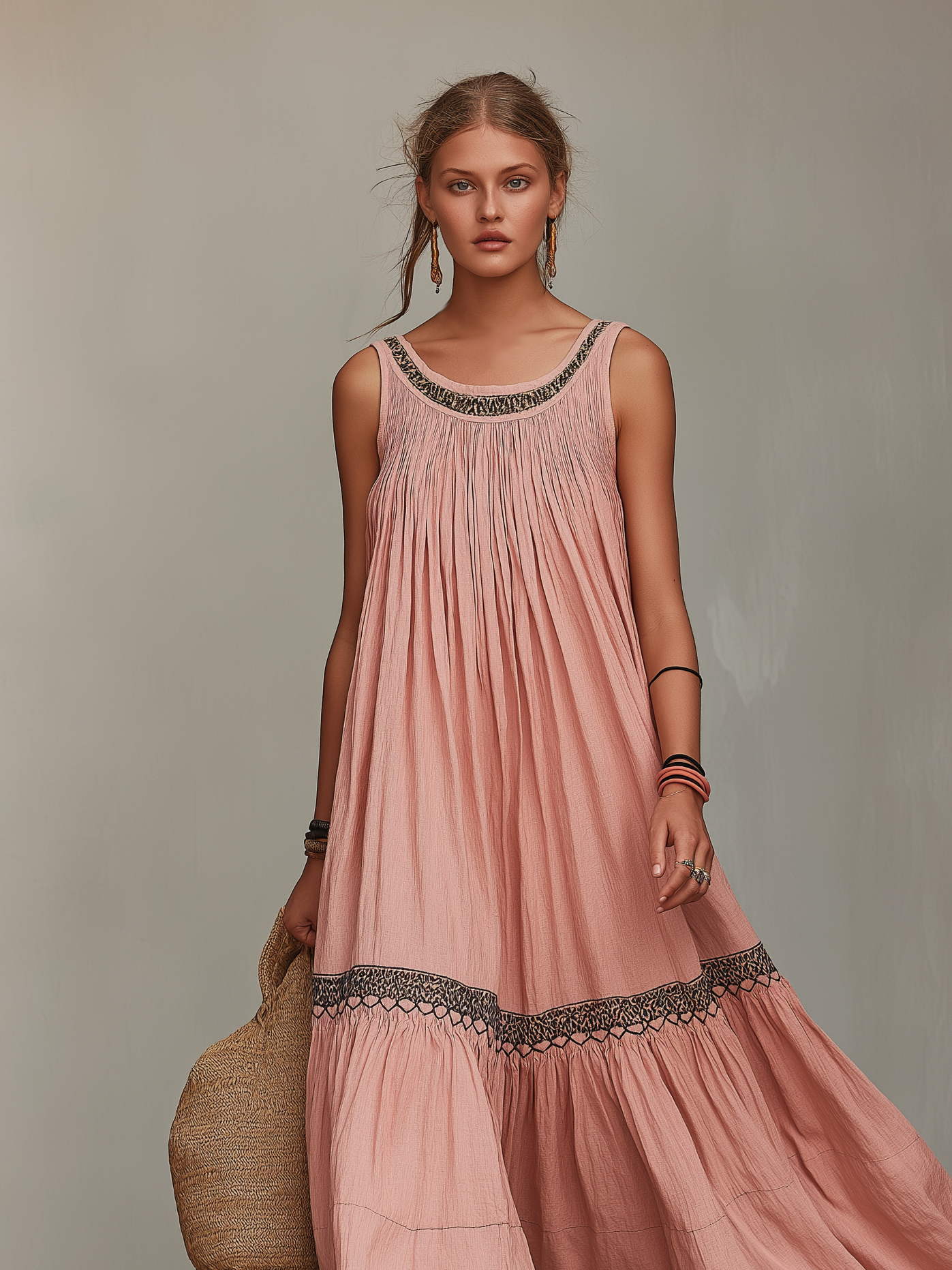 Women's Casual Grey-Pink Cotton-Linen Maxi Dress — Embroidered, Round Neck, Sleeveless, Loose Fit