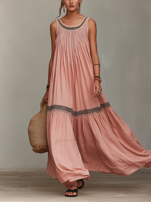 Women's Casual Grey-Pink Cotton-Linen Maxi Dress — Embroidered, Round Neck, Sleeveless, Loose Fit
