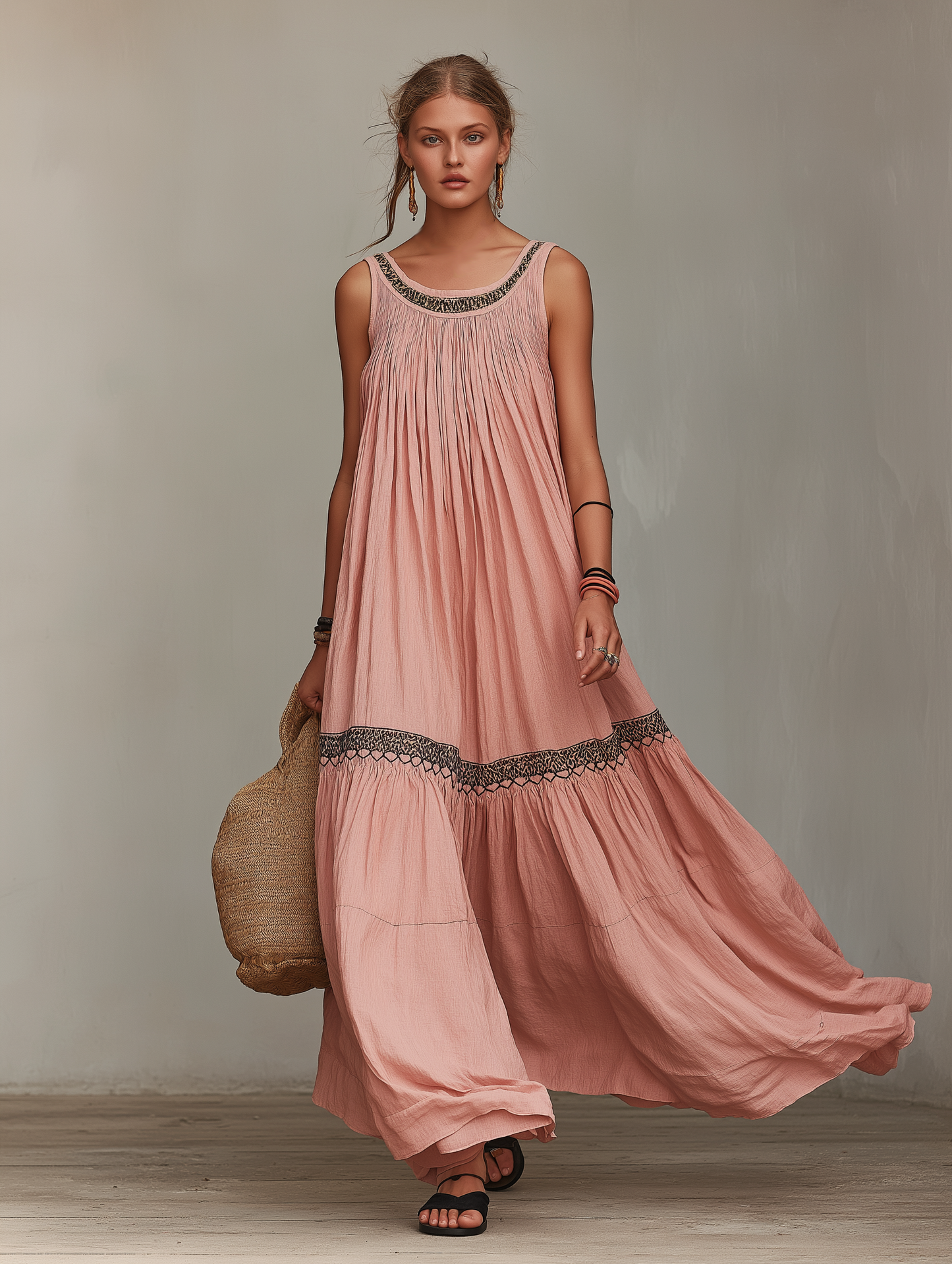 Women's Casual Grey-Pink Cotton-Linen Maxi Dress — Embroidered, Round Neck, Sleeveless, Loose Fit