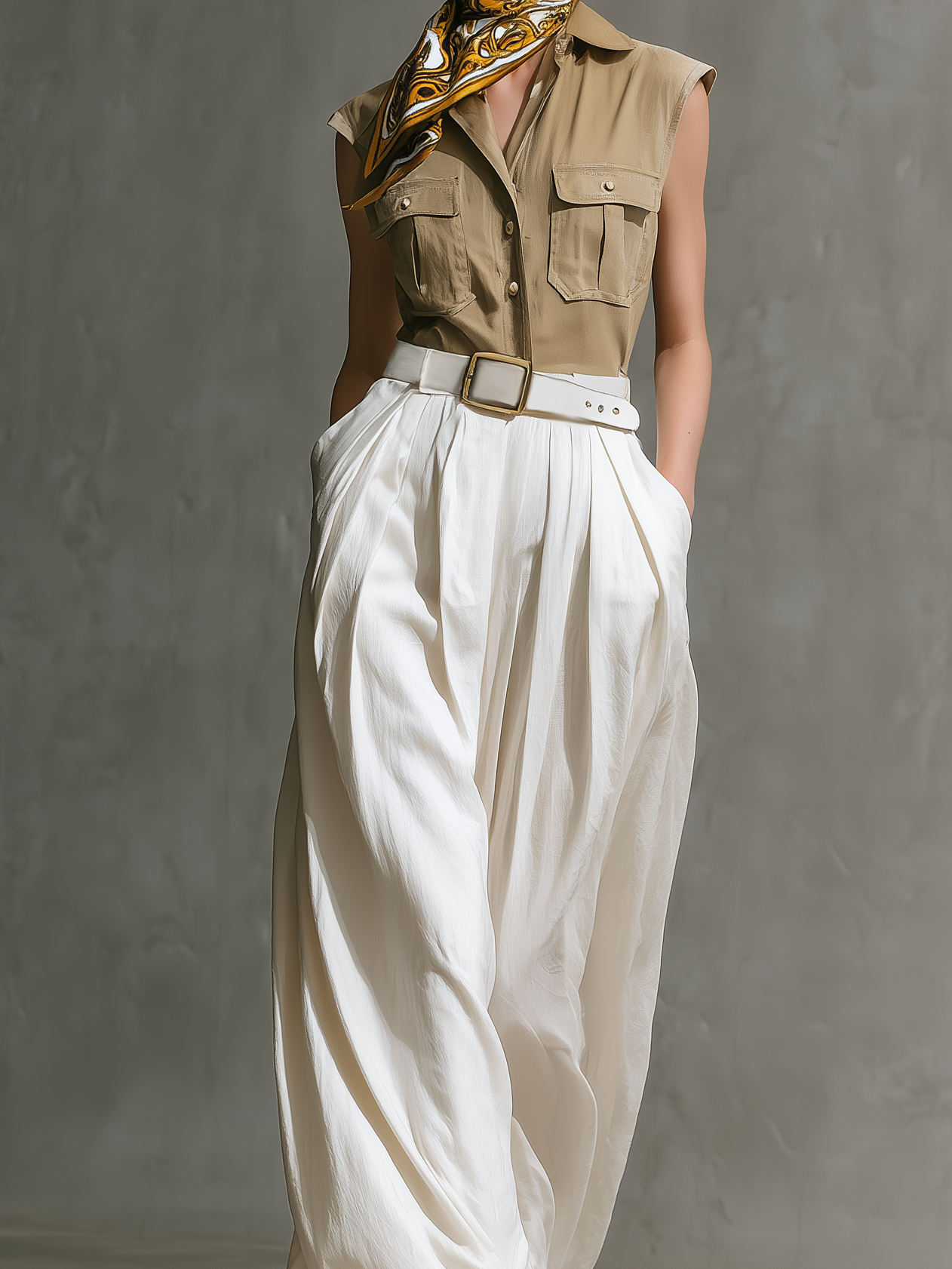 Women's Casual Set: Olive Green Woven Sleeveless Collared Top Paired With Loose-Fit White Woven Trousers