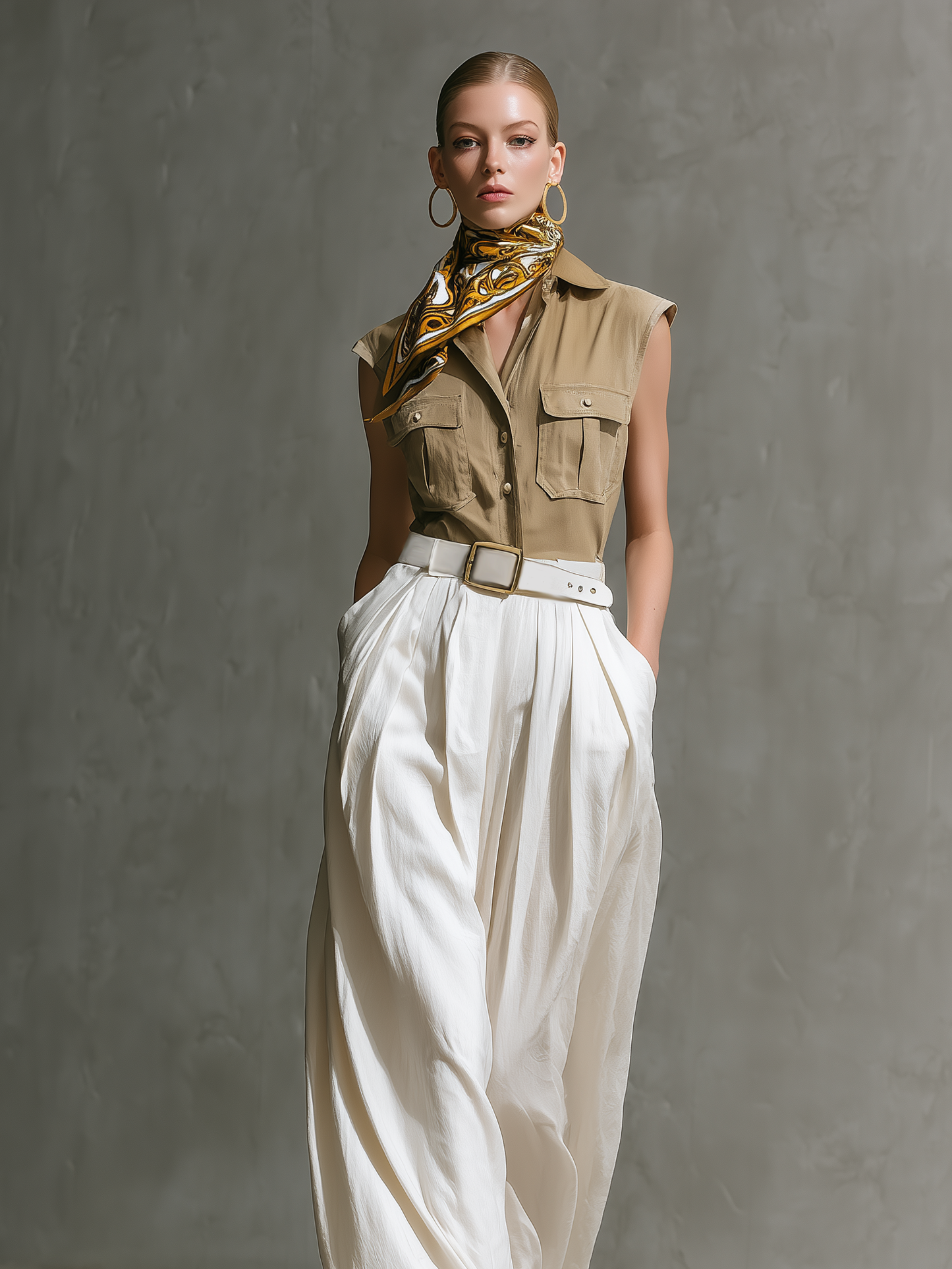 Women's Casual Set: Olive Green Woven Sleeveless Collared Top Paired With Loose-Fit White Woven Trousers