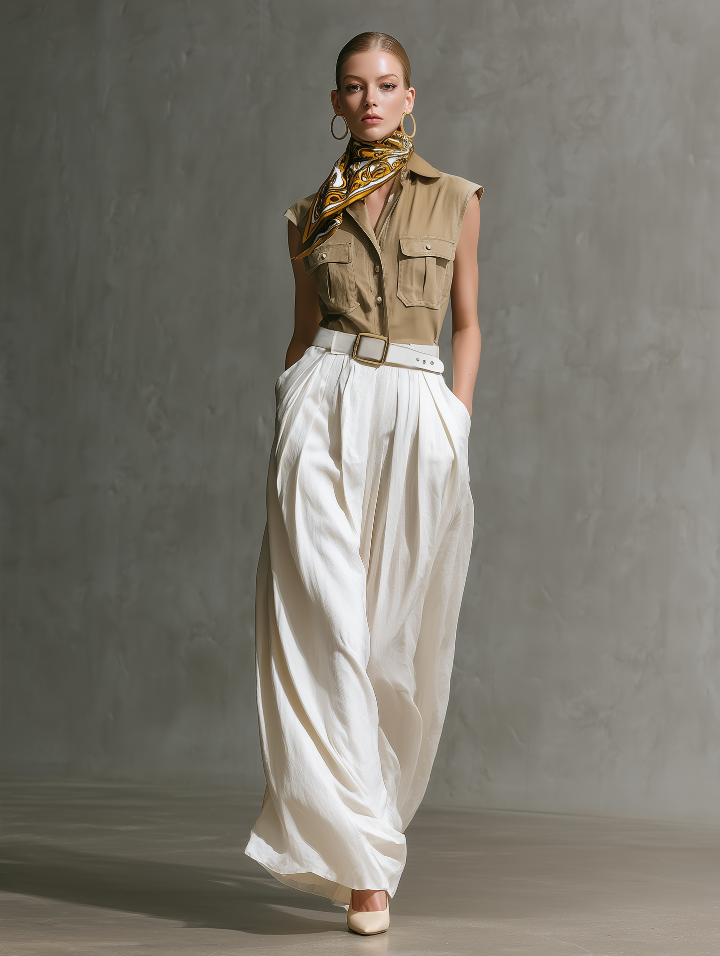 Women's Casual Set: Olive Green Woven Sleeveless Collared Top Paired With Loose-Fit White Woven Trousers