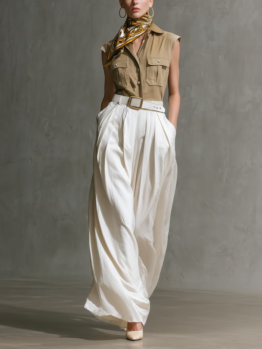 Women's Casual Set: Olive Green Woven Sleeveless Collared Top Paired With Loose-Fit White Woven Trousers