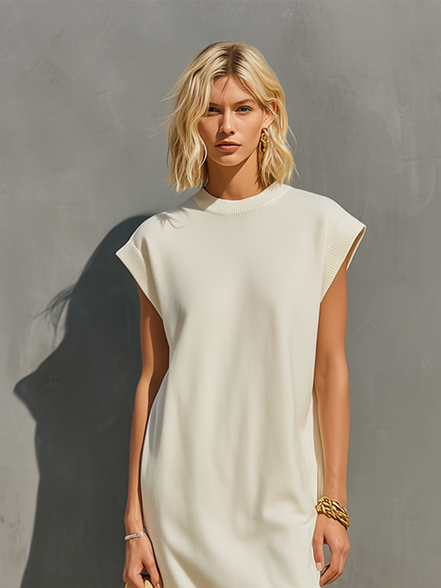 Women's Cream White Knit Mini Dress With Crew Neck & Cap Sleeves, Timeless Minimalist-Elegant Style Dress