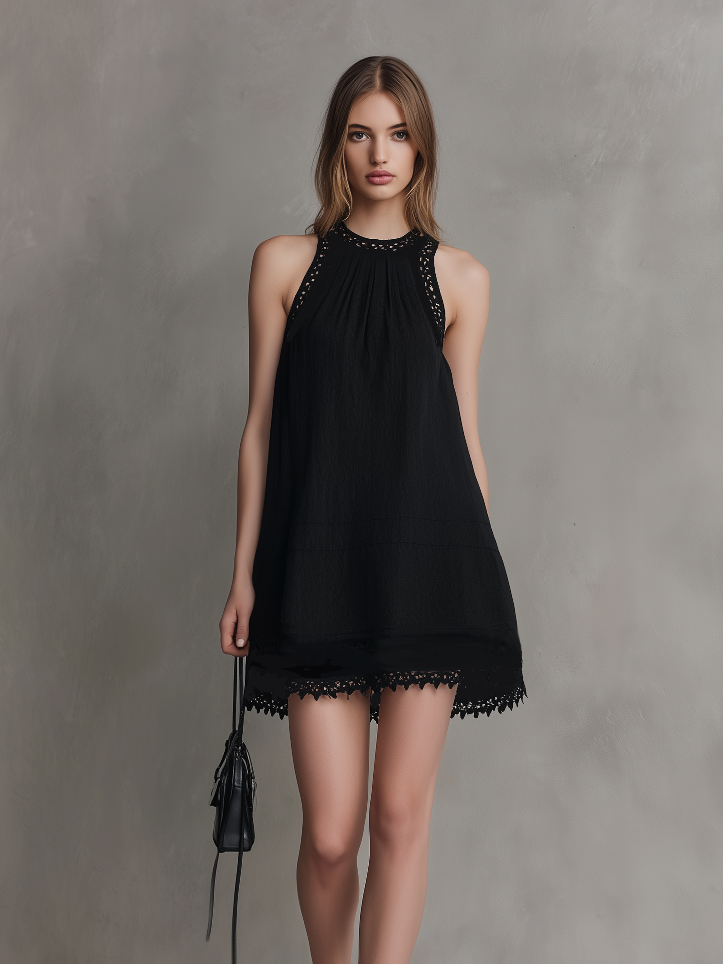 Women's Casual Black Cotton-Linen Short Dress — Round Neck, Sleeveless, Loose Fit