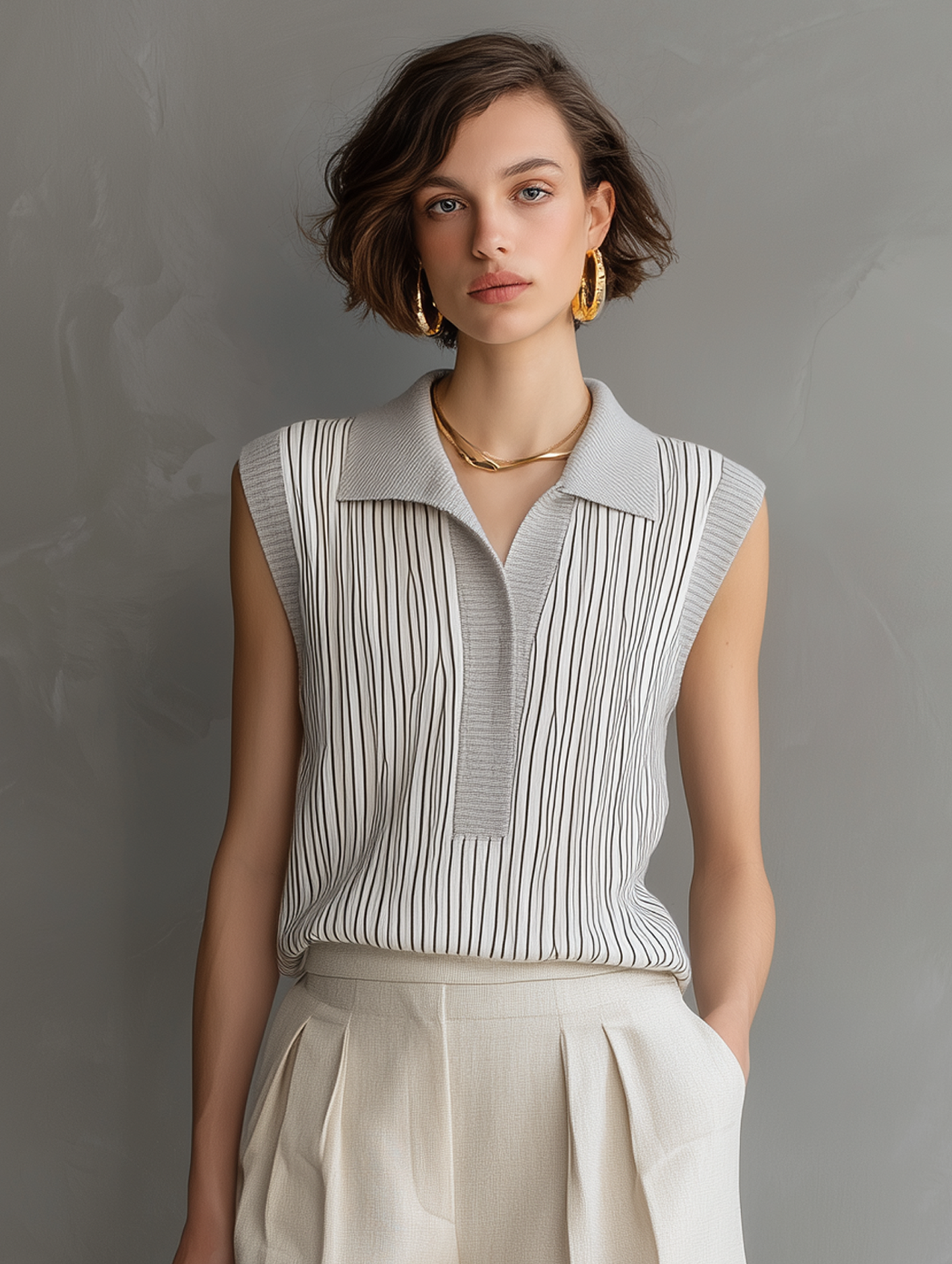 Women's Minimalist Sleeveless Striped Knit Top And Shorts Set