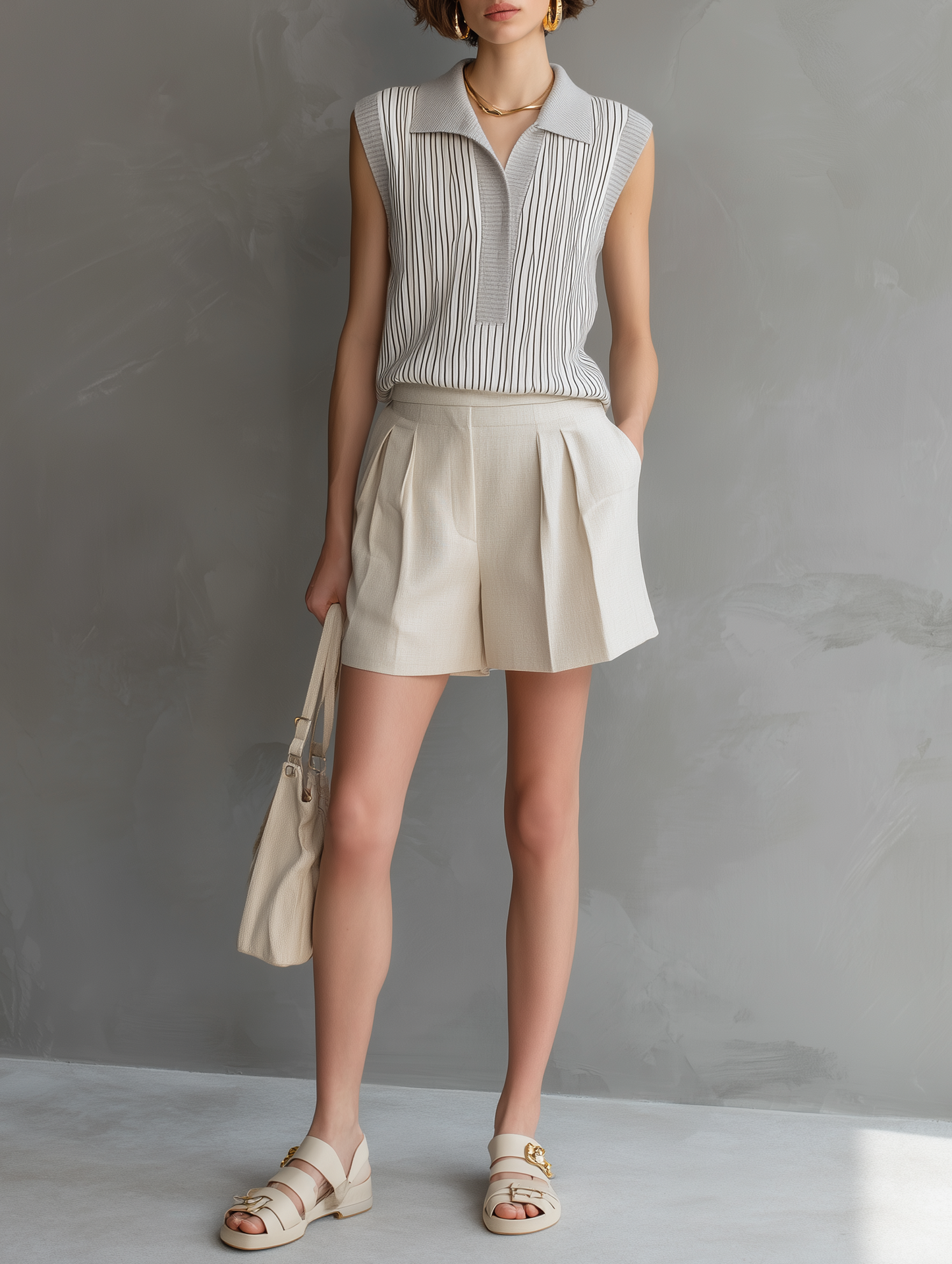 Women's Minimalist Sleeveless Striped Knit Top And Shorts Set