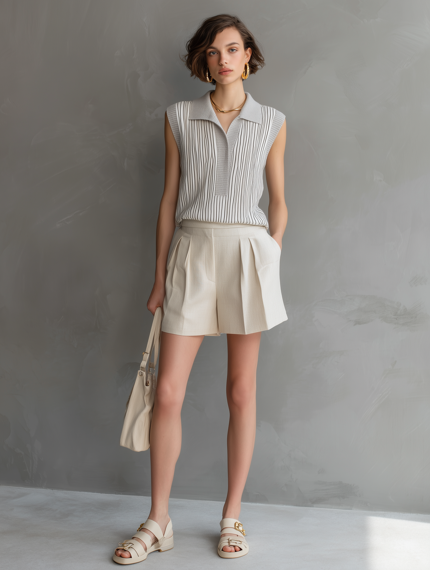 Women's Minimalist Sleeveless Striped Knit Top And Shorts Set