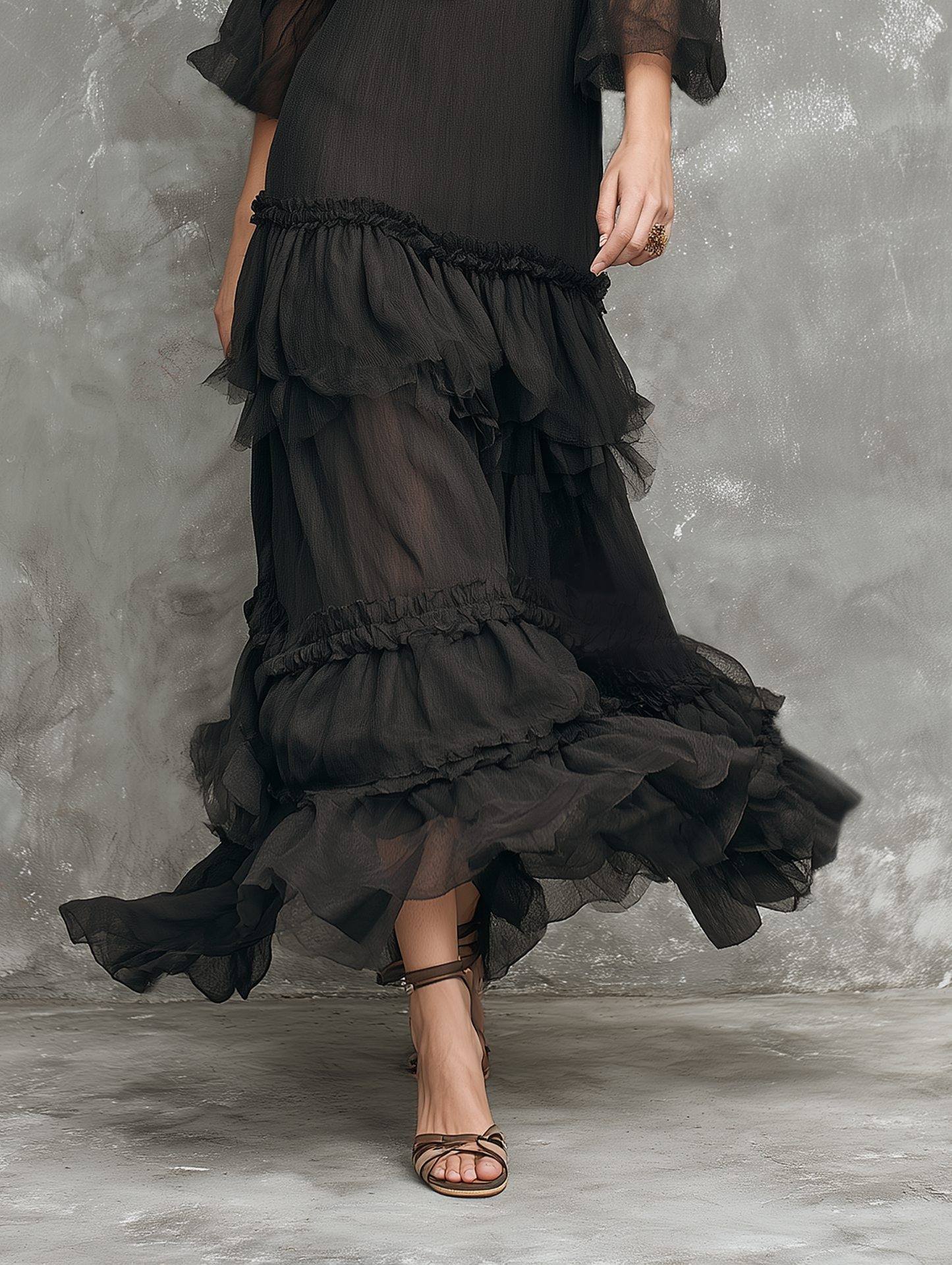 Women's Chiffon-Paneled V-Neck Half-Sleeve Multi-Layer Ruffles Maxi Dress