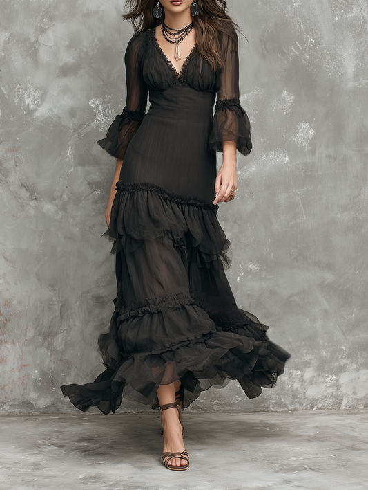 Women's Chiffon-Paneled V-Neck Half-Sleeve Multi-Layer Ruffles Maxi Dress