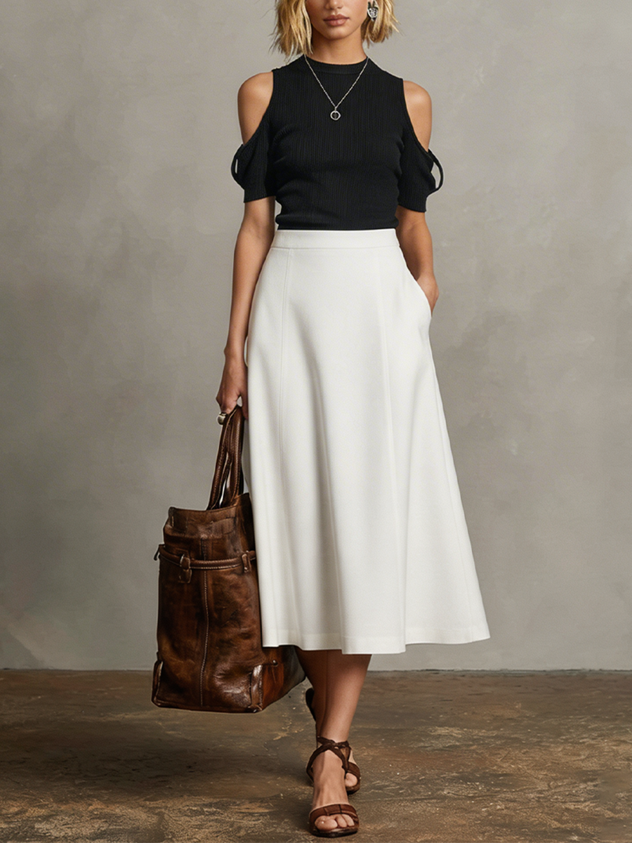 Women's Black & White Two-Piece Set With Cold Shoulder Ribbed Knit Top & High-Waisted A-Line Midi Skirt, Timeless Minimalist-Chic Style Set