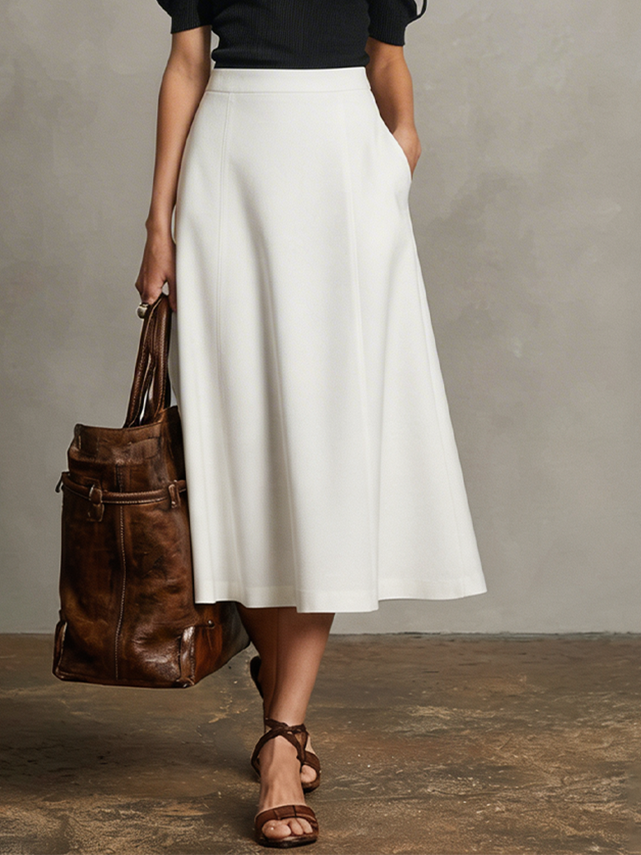 Women's Black & White Two-Piece Set With Cold Shoulder Ribbed Knit Top & High-Waisted A-Line Midi Skirt, Timeless Minimalist-Chic Style Set