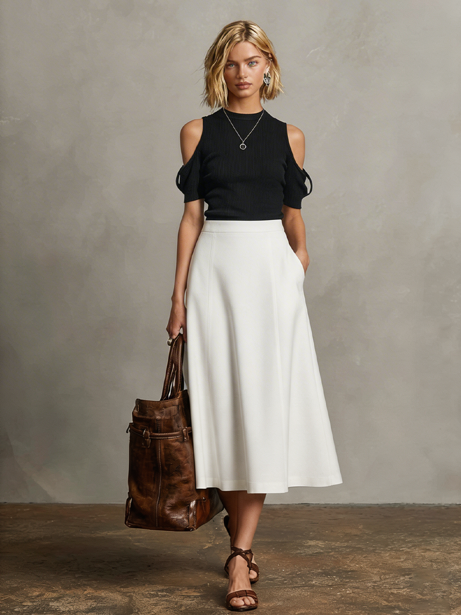 Women's Black & White Two-Piece Set With Cold Shoulder Ribbed Knit Top & High-Waisted A-Line Midi Skirt, Timeless Minimalist-Chic Style Set