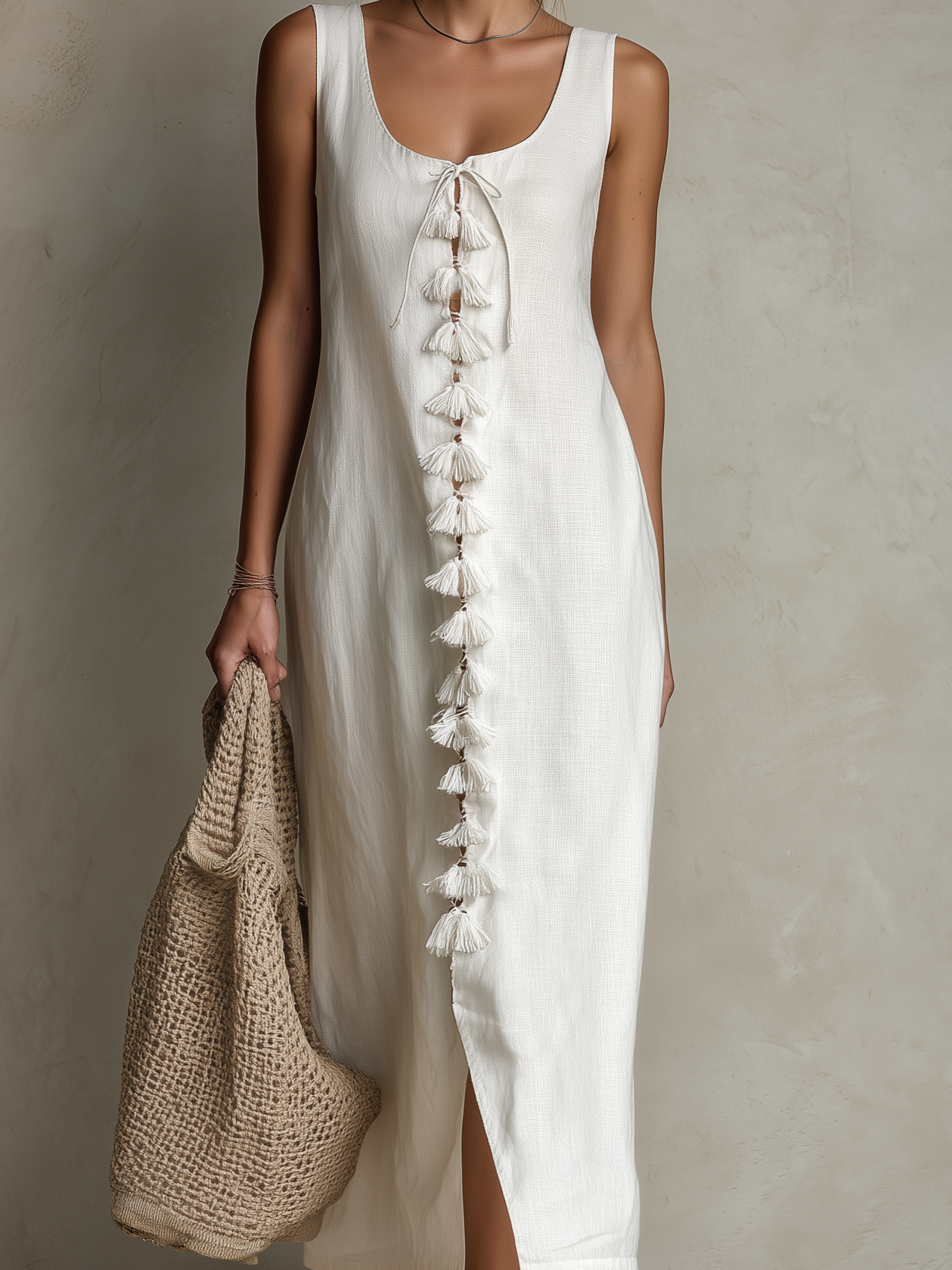 Women's Casual White Cotton-Linen Sleeveless Maxi Dress With Boat Neck