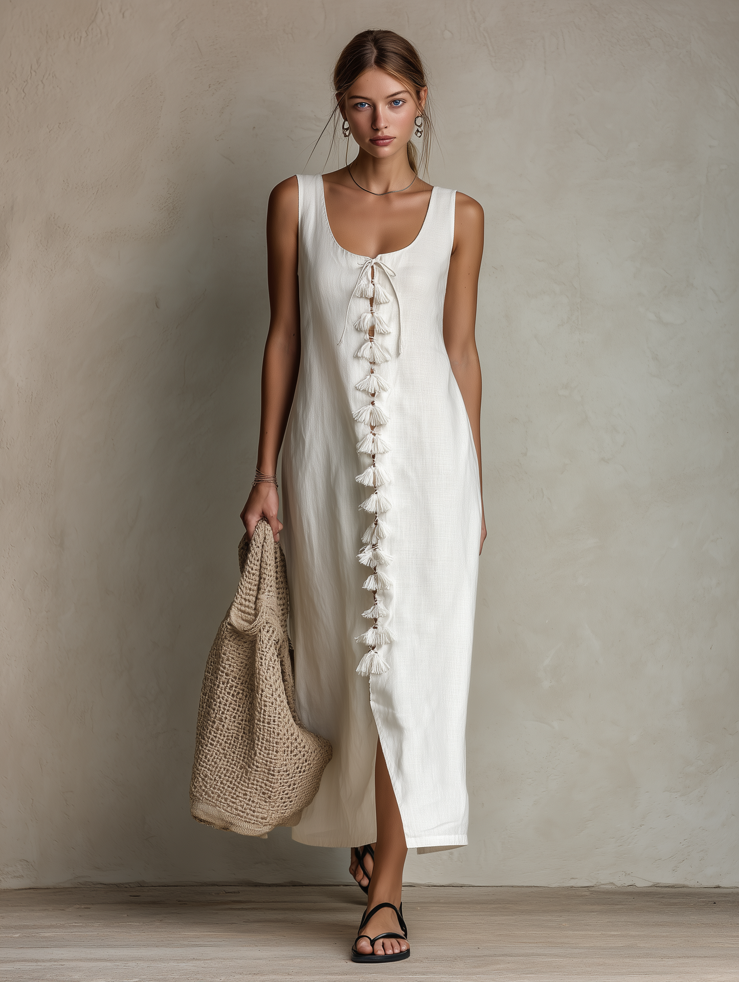 Women's Casual White Cotton-Linen Sleeveless Maxi Dress With Boat Neck
