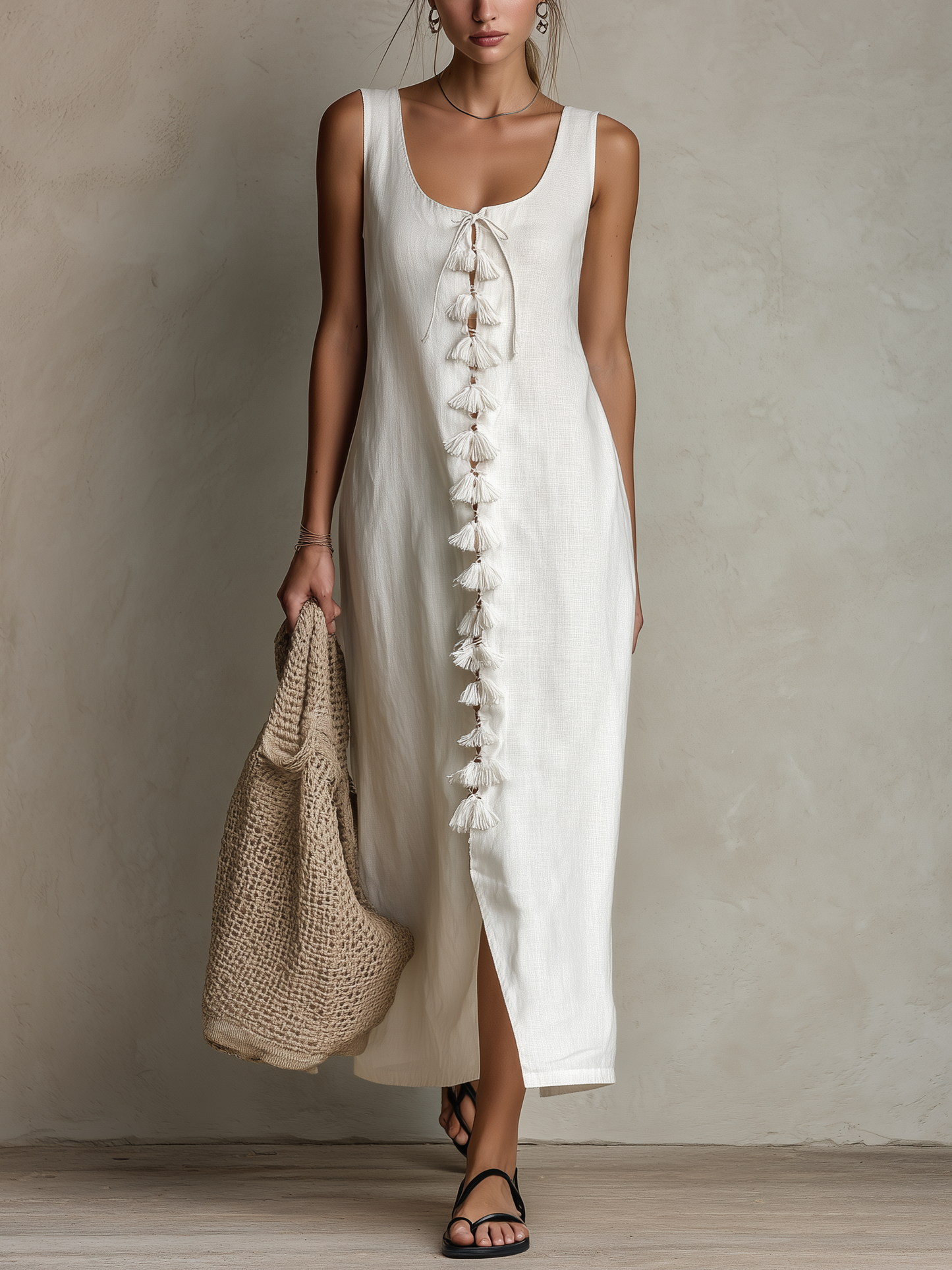 Women's Casual White Cotton-Linen Sleeveless Maxi Dress With Boat Neck