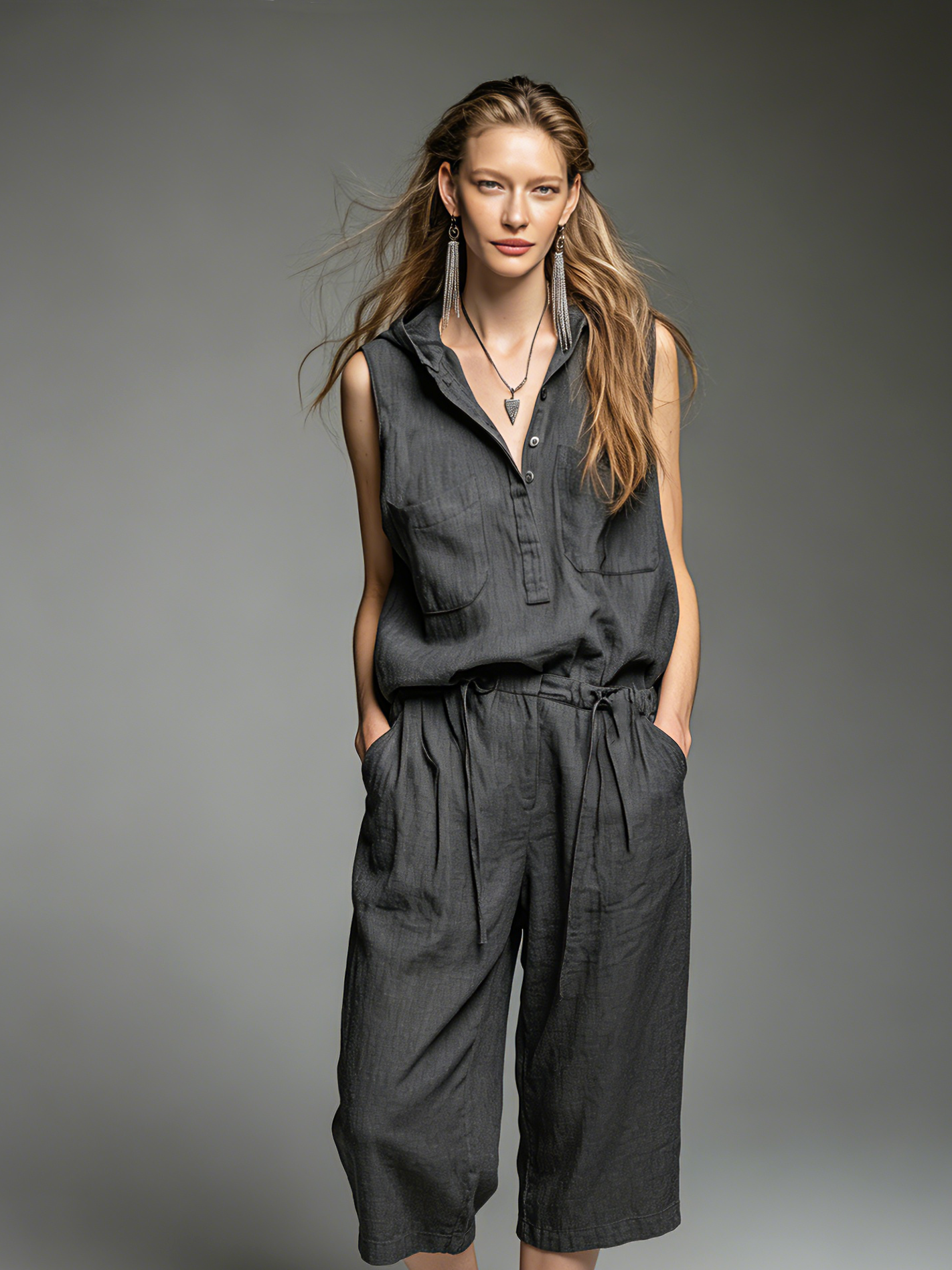 Women's Casual Dark Gray Cotton-Linen Hooded Sleeveless Jumpshorts