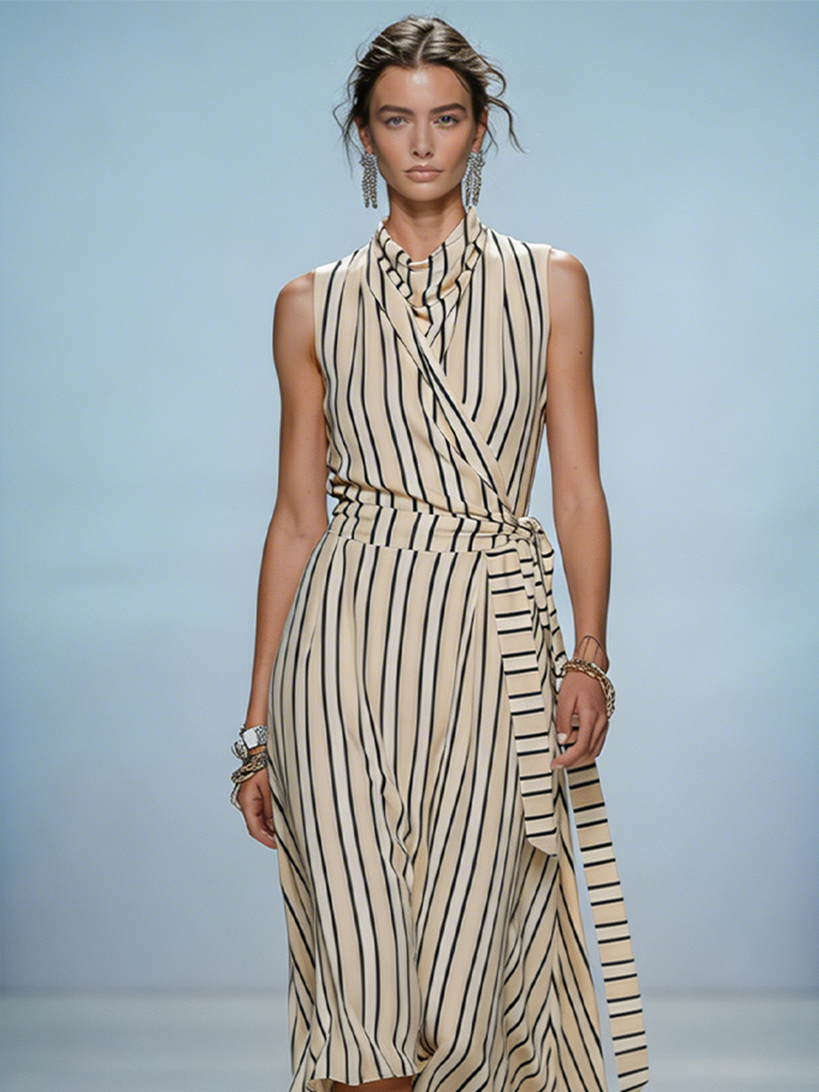 Women's Beige Striped Lightweight Chiffon Dress With Sleeveless Silhouette & High-Low Hem, Modern Feminine-Chic Style Dress